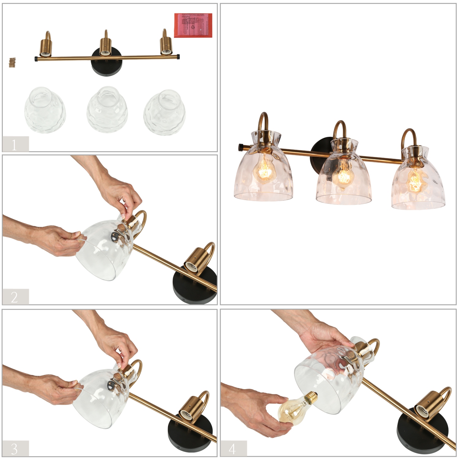 22.8&nbsp;po Luminaire de salle de bain à 3 lumières, noir et cloche en laiton, abat-jour en verre transparent texturé