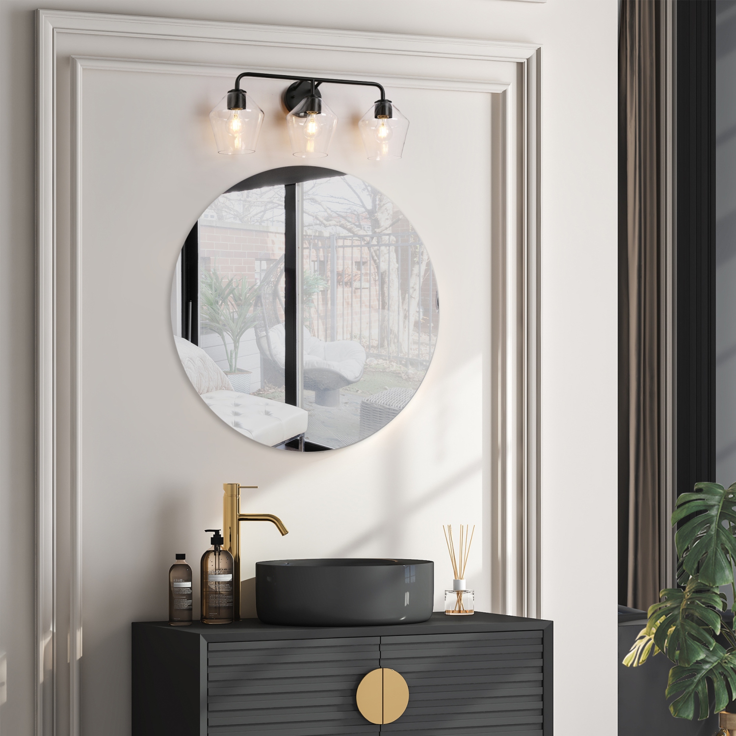 24.5 po Luminaire de salle de bain géométrique industriel à 3 ampoules, noir mat, abat-jour en verre transparent