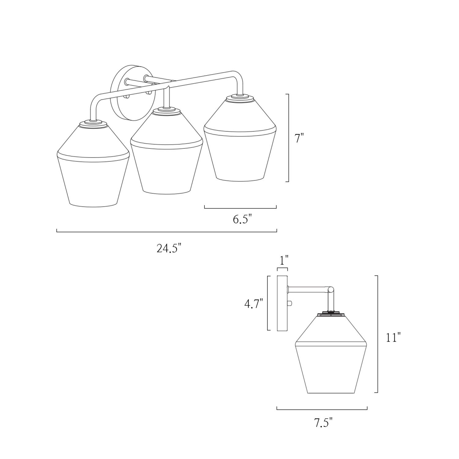 24.5 po Luminaire de salle de bain géométrique industriel à 3 ampoules, noir mat, abat-jour en verre transparent