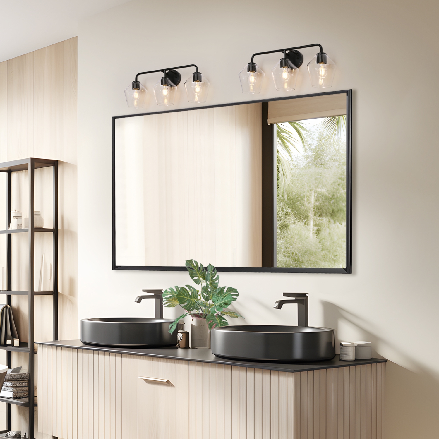 24.5 po Luminaire de salle de bain géométrique industriel à 3 ampoules, noir mat, abat-jour en verre transparent