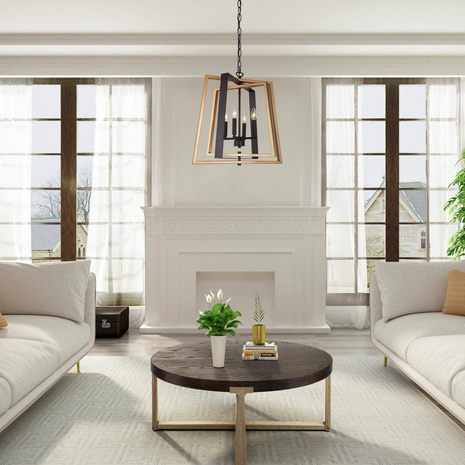 4-Light Black and Brass Rectangle Chandelier