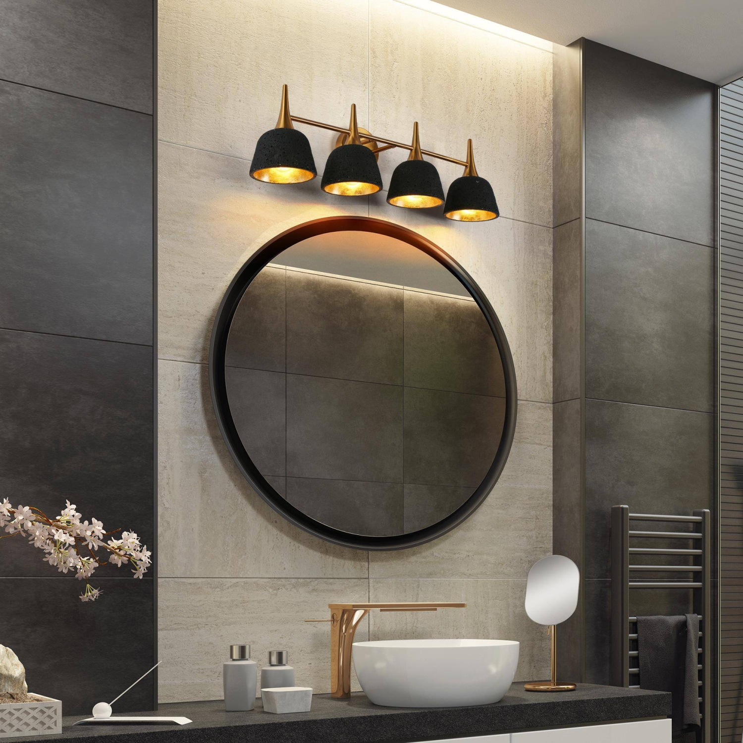 28.7&nbsp;po Applique de salle de bain à 4 lumières, noir et cuivre électroplaqué avec abat-jour en métal