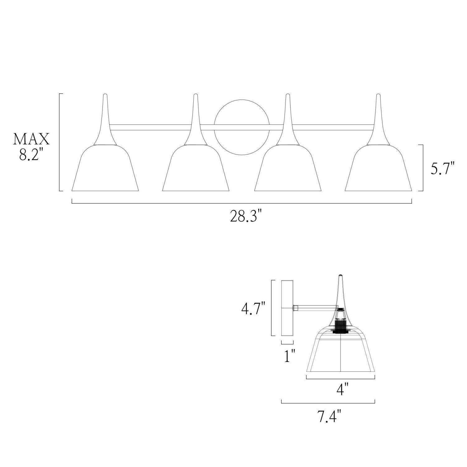 28.7&nbsp;po Applique de salle de bain à 4 lumières, noir et cuivre électroplaqué avec abat-jour en métal