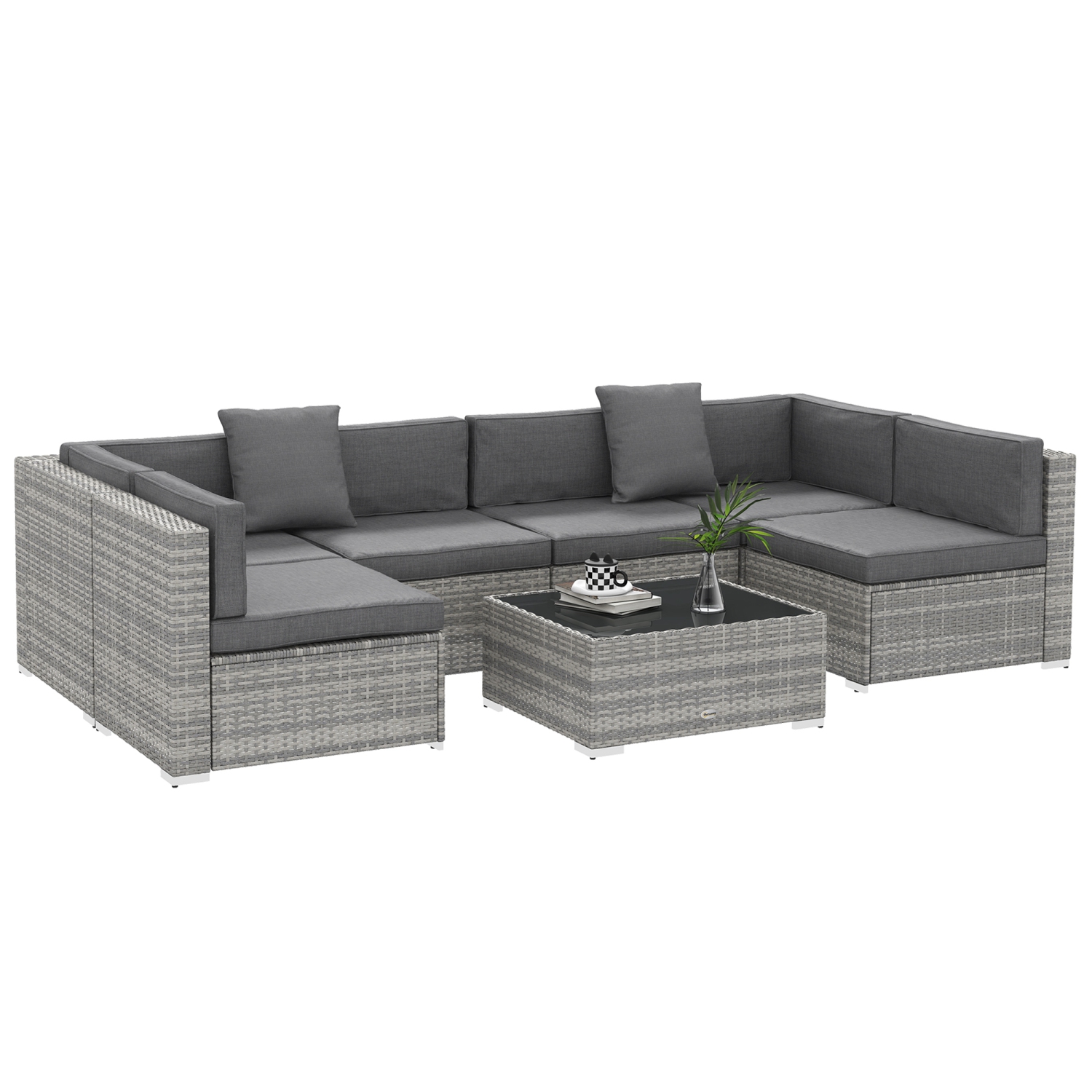 Ensemble de 7 meubles de patio Outsunny, ensemble de détente extérieur en rotin PE avec canapé modulaire, table en verre, coussins et oreillers pour