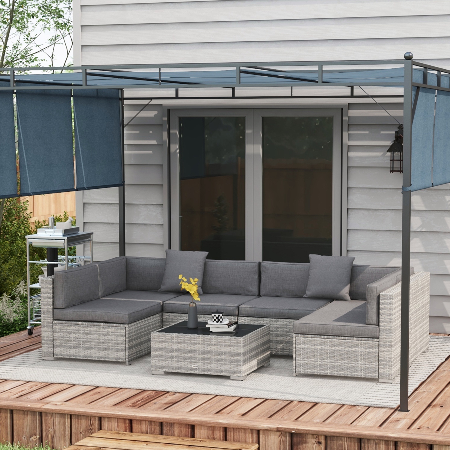 Ensemble de 7 meubles de patio Outsunny, ensemble de détente extérieur en rotin PE avec canapé modulaire, table en verre, coussins et oreillers pour