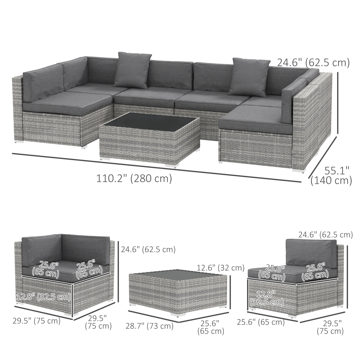 Ensemble de 7 meubles de patio Outsunny, ensemble de détente extérieur en rotin PE avec canapé modulaire, table en verre, coussins et oreillers pour