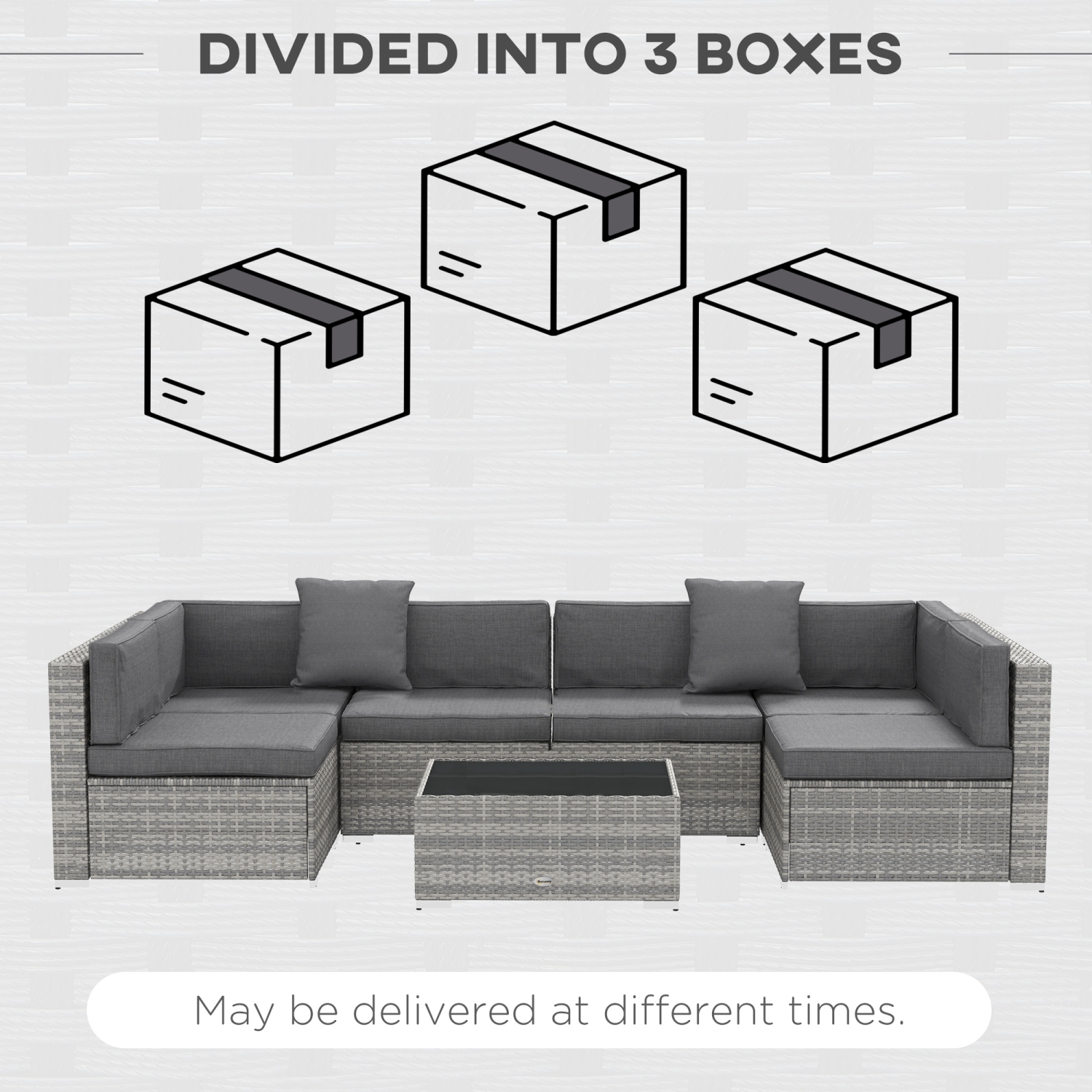 Ensemble de 7 meubles de patio Outsunny, ensemble de détente extérieur en rotin PE avec canapé modulaire, table en verre, coussins et oreillers pour