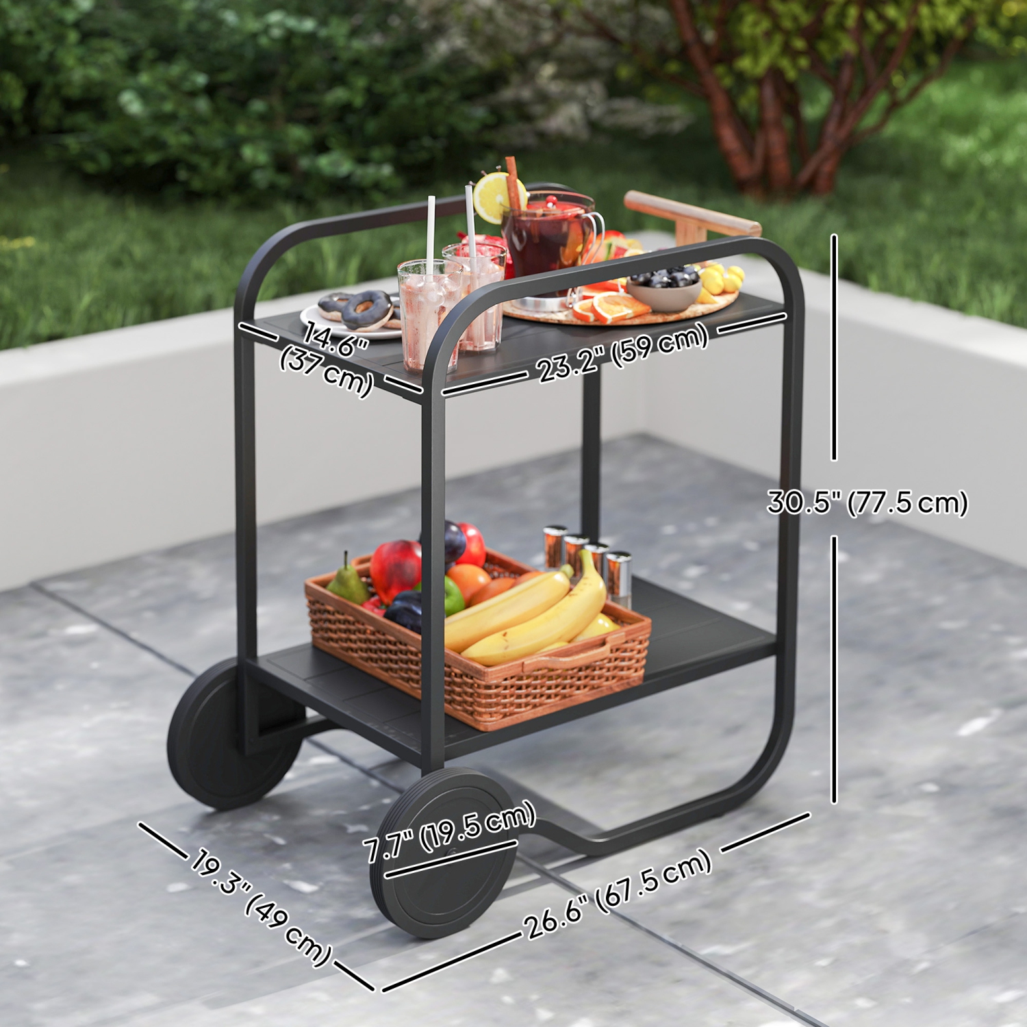 Outsunny Outdoor Grill Cart with Storage, 2-Tier Rolling Kitchen Bar Cart on Wheels with Side Handle and Steel Frame for Indoor Outdoor, Black