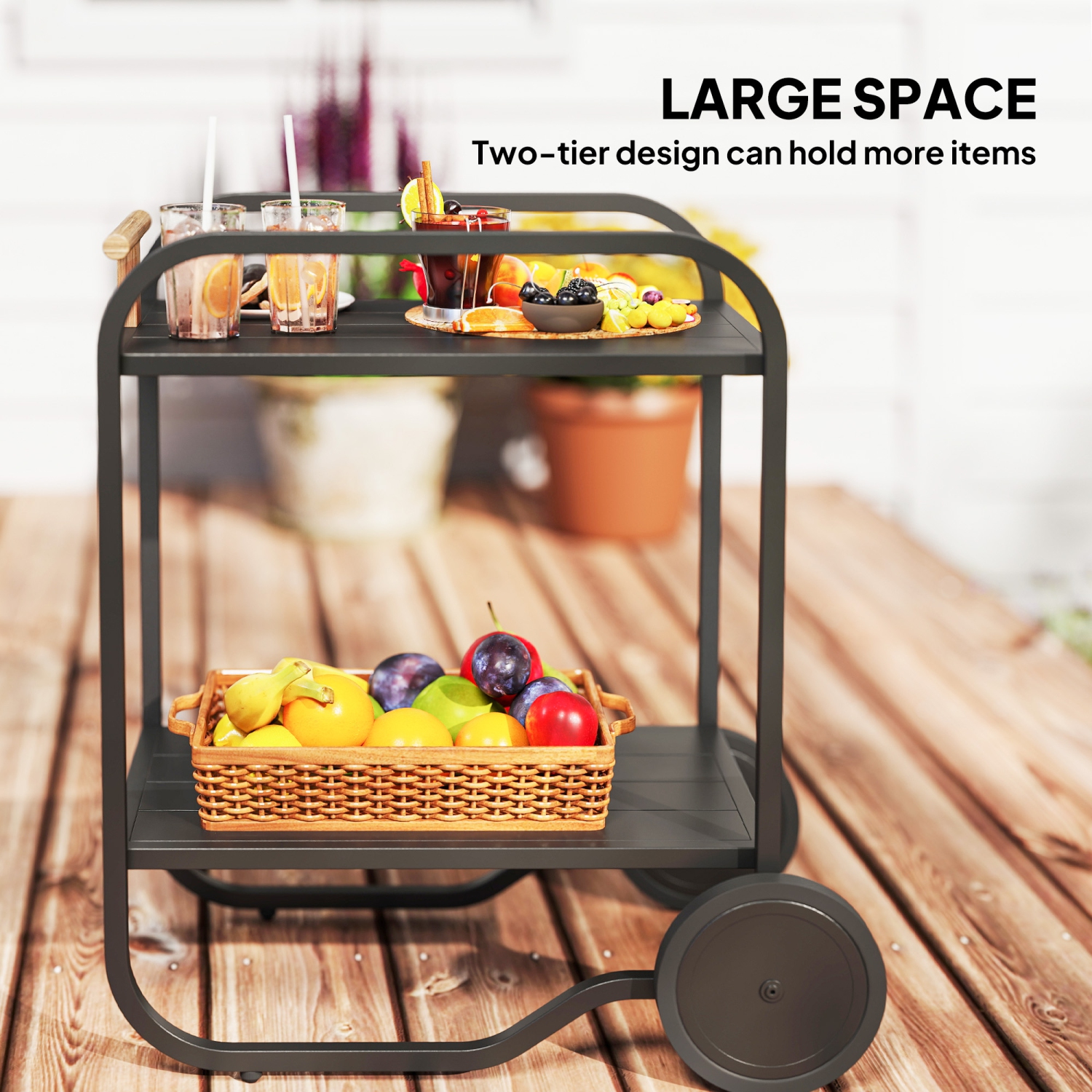 Outsunny Outdoor Grill Cart with Storage, 2-Tier Rolling Kitchen Bar Cart on Wheels with Side Handle and Steel Frame for Indoor Outdoor, Black