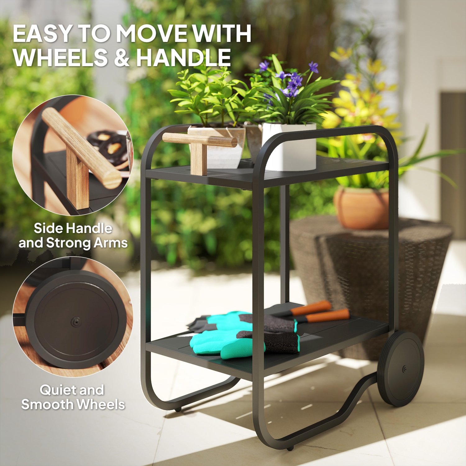 Outsunny Outdoor Grill Cart with Storage, 2-Tier Rolling Kitchen Bar Cart on Wheels with Side Handle and Steel Frame for Indoor Outdoor, Black