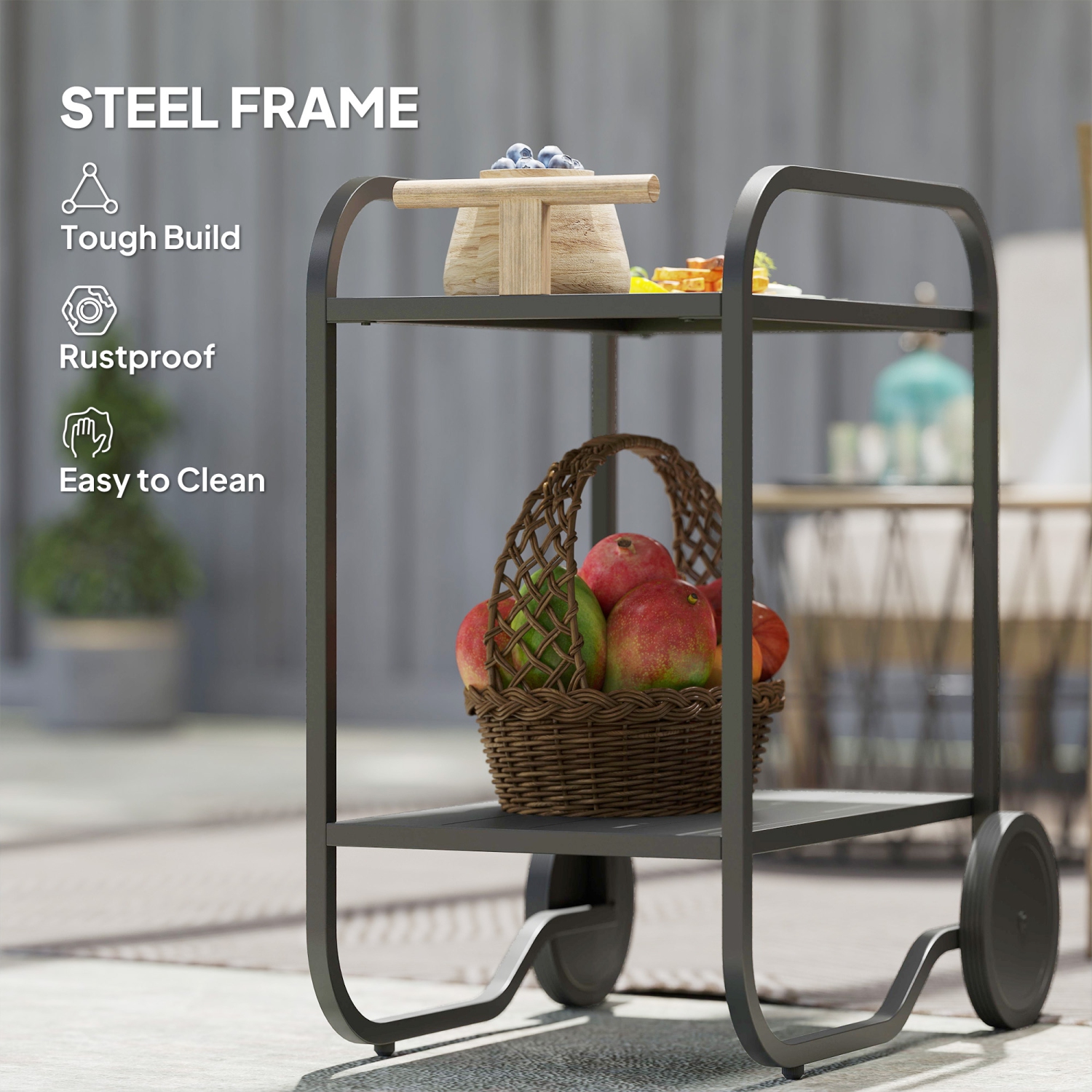 Outsunny Outdoor Grill Cart with Storage, 2-Tier Rolling Kitchen Bar Cart on Wheels with Side Handle and Steel Frame for Indoor Outdoor, Black