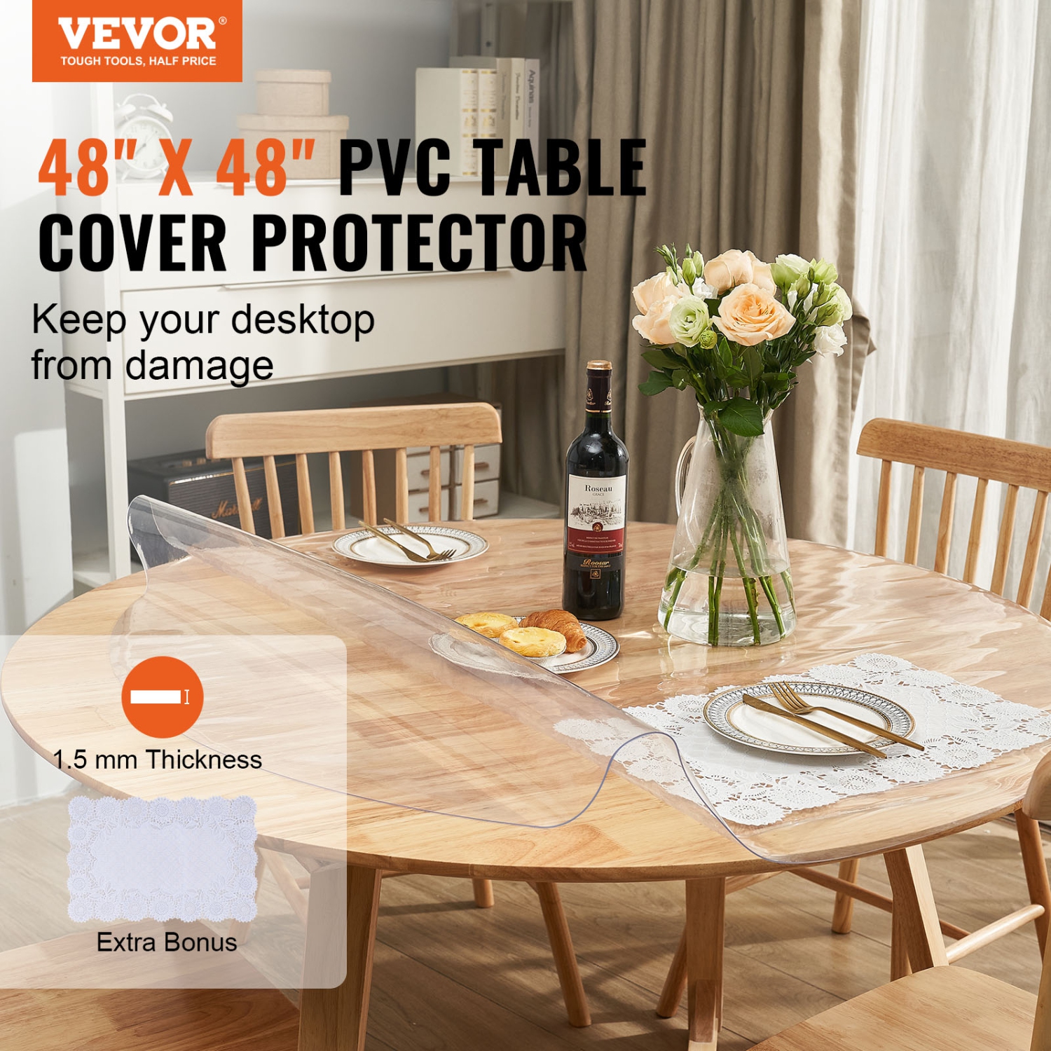 VEVOR 48 inch/1230 mm Clear Table Cover Protector, Round Table Cover, 1.5 mm Thick PVC Plastic Tablecloth, Waterproof Desktop Protector for Writing