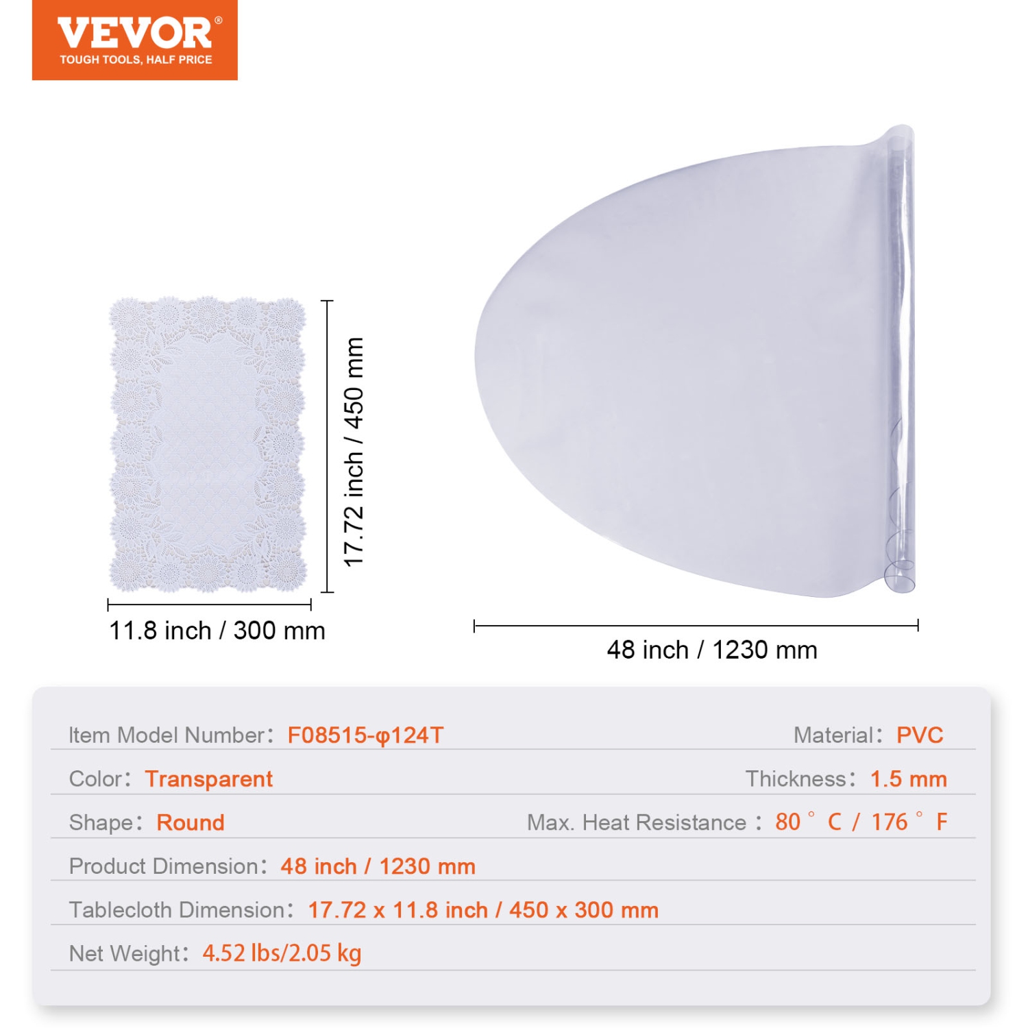 VEVOR 48 inch/1230 mm Clear Table Cover Protector, Round Table Cover, 1.5 mm Thick PVC Plastic Tablecloth, Waterproof Desktop Protector for Writing