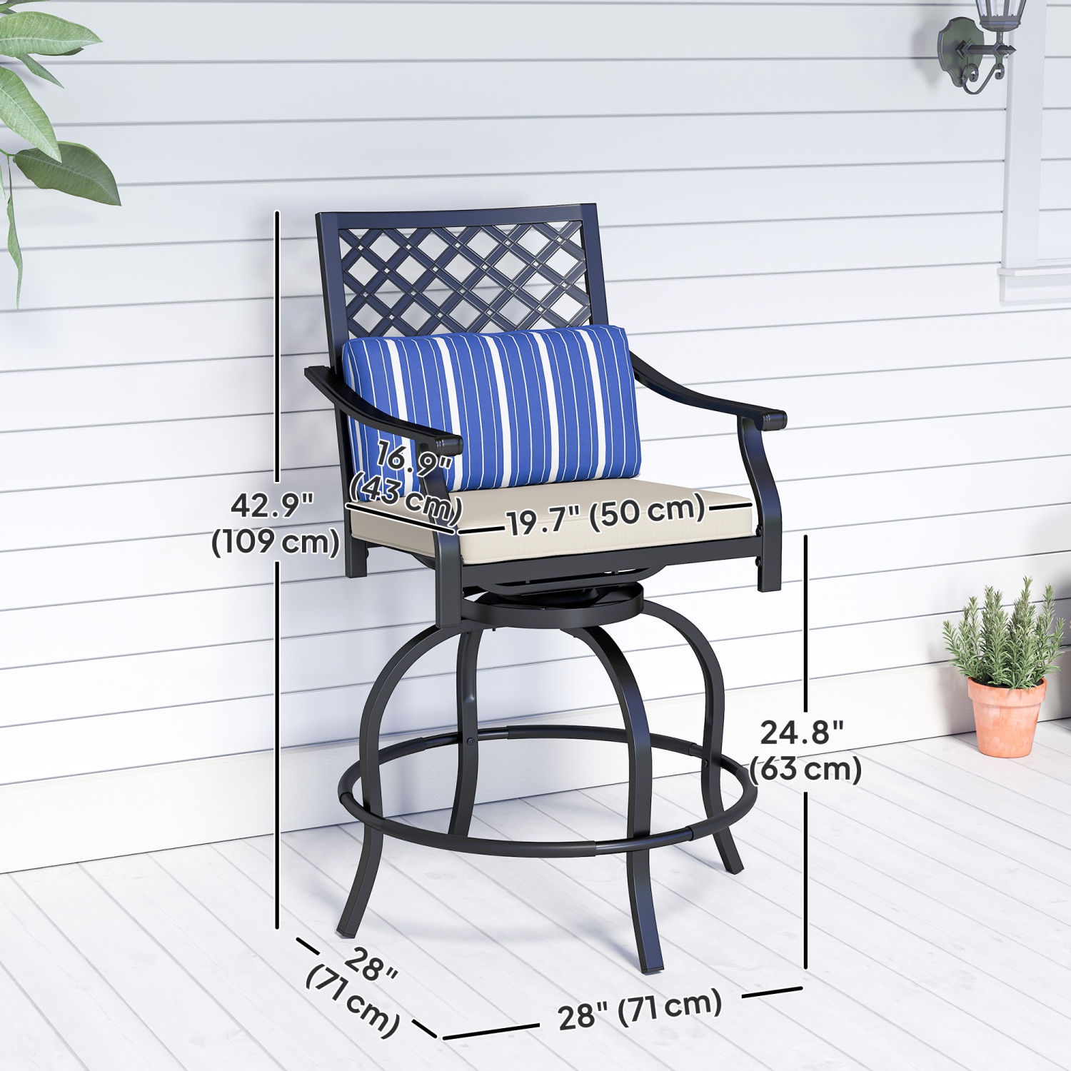 Outsunny Outdoor Bar Stools Set of 2, 360° Swivel Counter Height Patio Chairs with Cushion & Pillow, 25 Inch Metal Bar Stools with Footrest, Back,