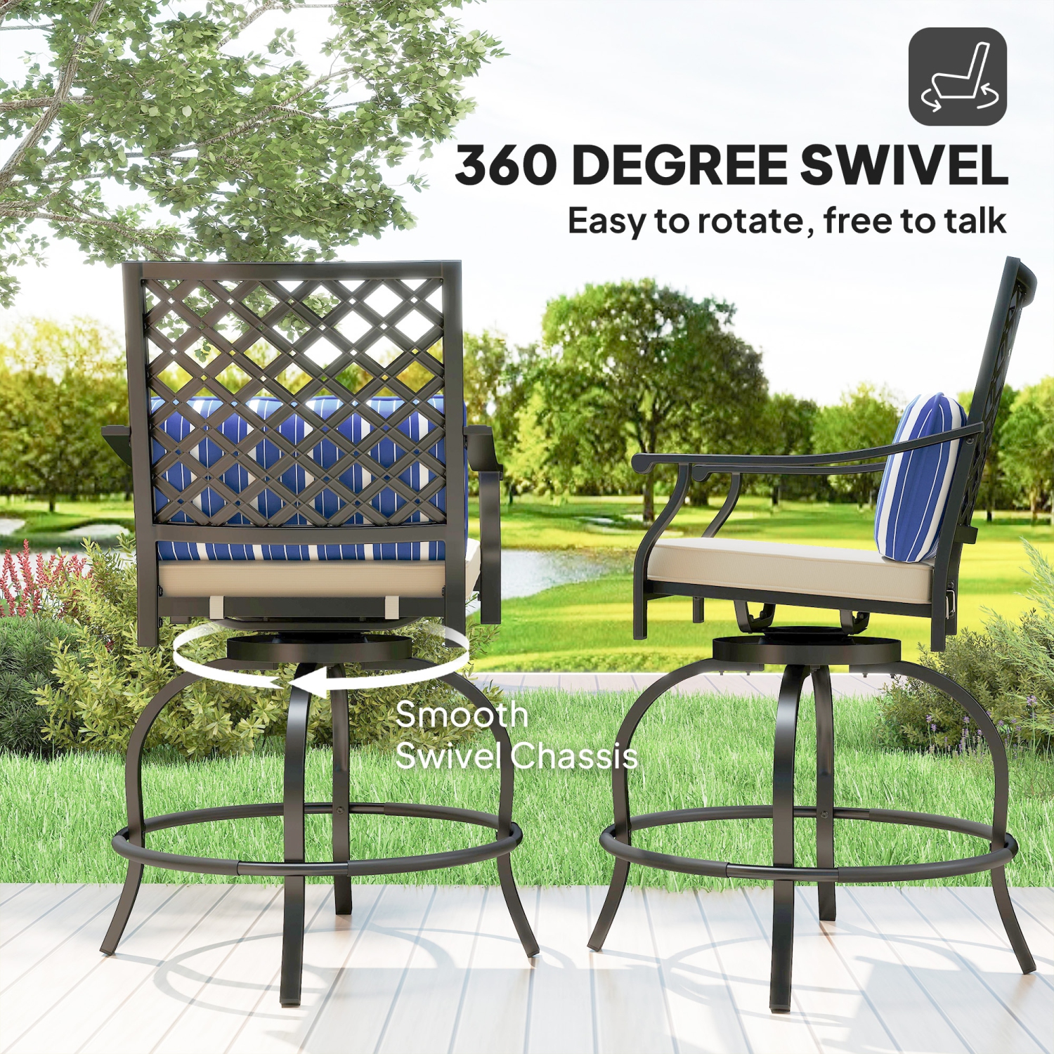 Outsunny Outdoor Bar Stools Set of 2, 360° Swivel Counter Height Patio Chairs with Cushion & Pillow, 25 Inch Metal Bar Stools with Footrest, Back,