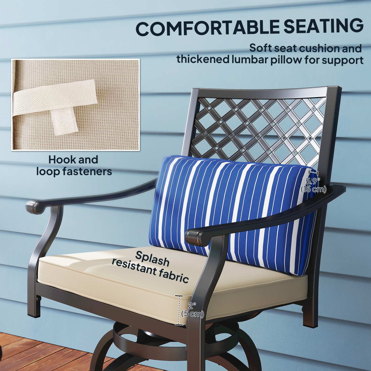 Outsunny Outdoor Bar Stools Set of 2, 360° Swivel Counter Height Patio Chairs with Cushion & Pillow, 25 Inch Metal Bar Stools with Footrest, Back,