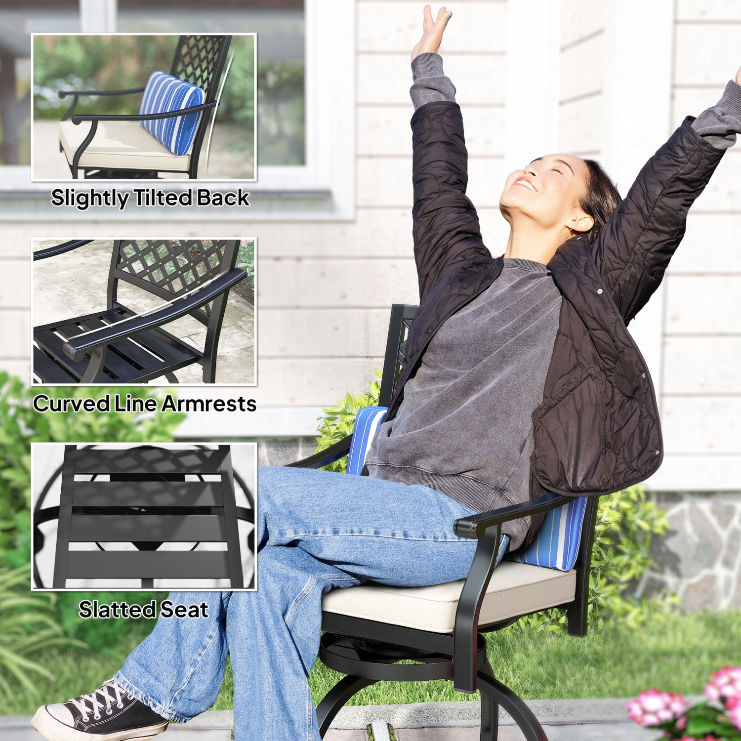 Outsunny Outdoor Bar Stools Set of 2, 360° Swivel Counter Height Patio Chairs with Cushion & Pillow, 25 Inch Metal Bar Stools with Footrest, Back,