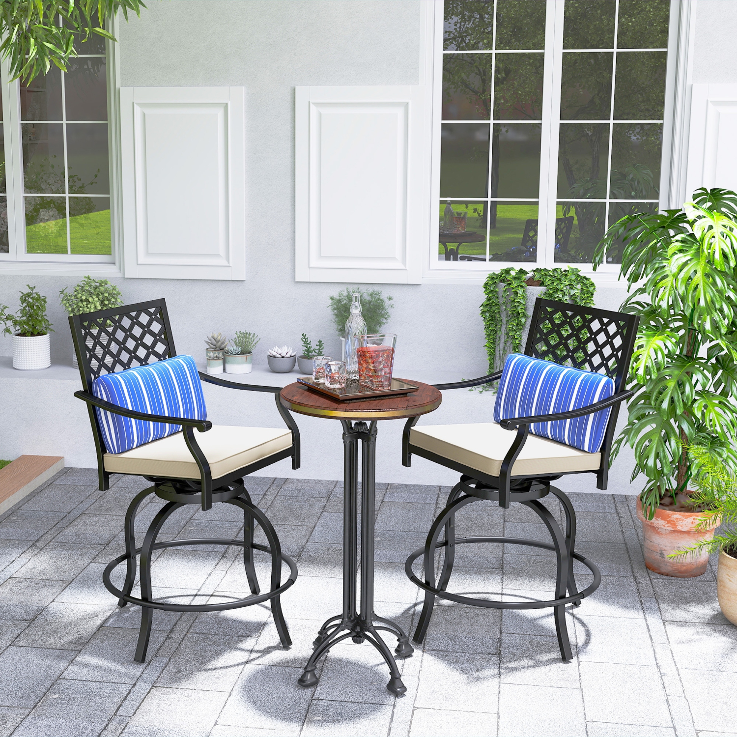 Outsunny Outdoor Bar Stools Set of 2, 360° Swivel Counter Height Patio Chairs with Cushion & Pillow, 25 Inch Metal Bar Stools with Footrest, Back,