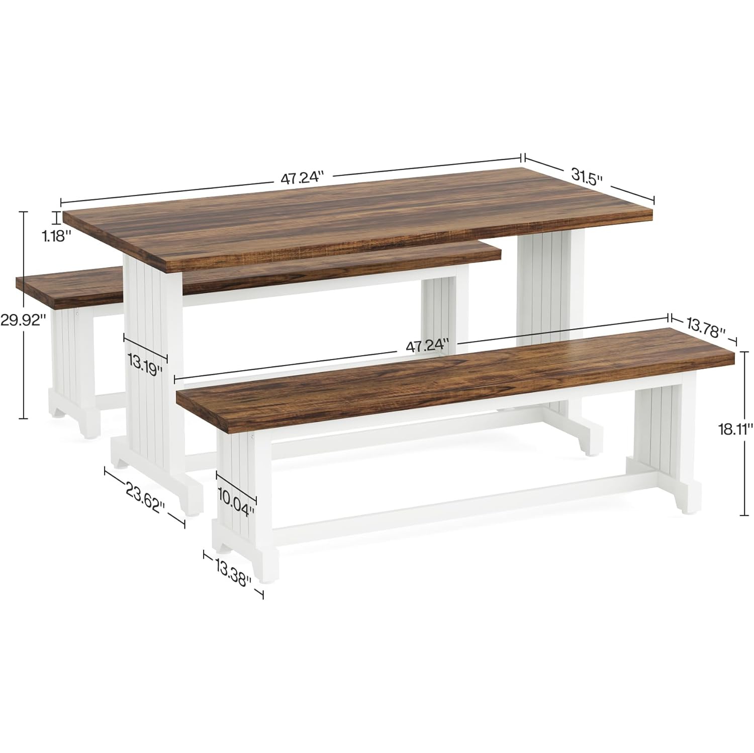 Tribesigns 47" Dining Table Set for 2-4, Rustic Farmhouse Kitchen Style with 2 Benches, White & Brown