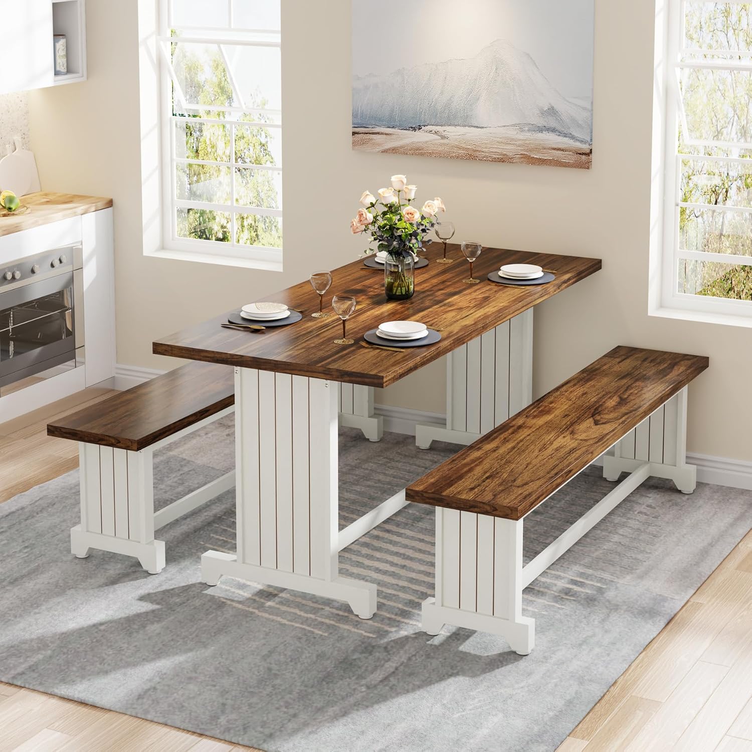 Tribesigns 47" Dining Table Set for 2-4, Rustic Farmhouse Kitchen Style with 2 Benches, White & Brown