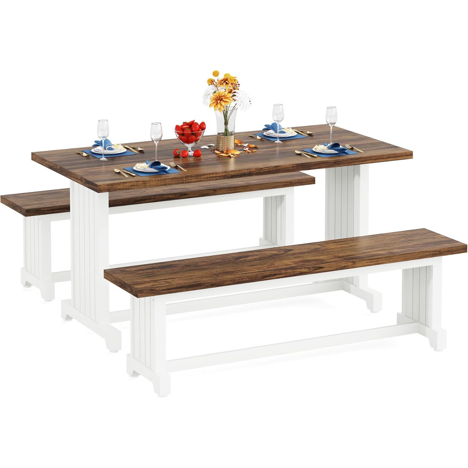 Tribesigns 47" Dining Table Set for 2-4, Rustic Farmhouse Kitchen Style with 2 Benches, White & Brown