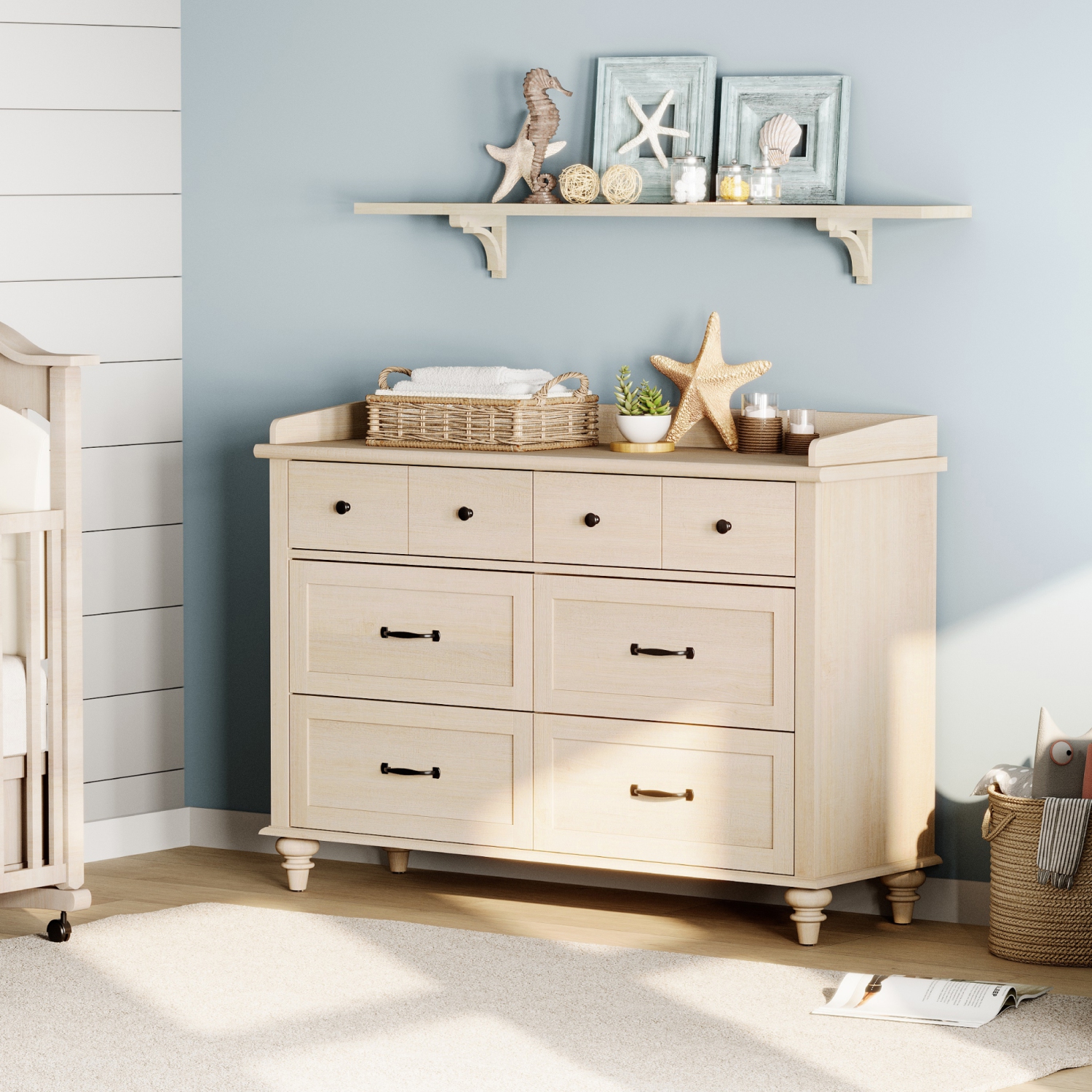 WAMPAT Beige Baby Dresser with 6 Drawers for Kids Room, Kids Dresser Wooden Double Dresser for Bedroom, Chest of Drawers Storage Dresser Organizer