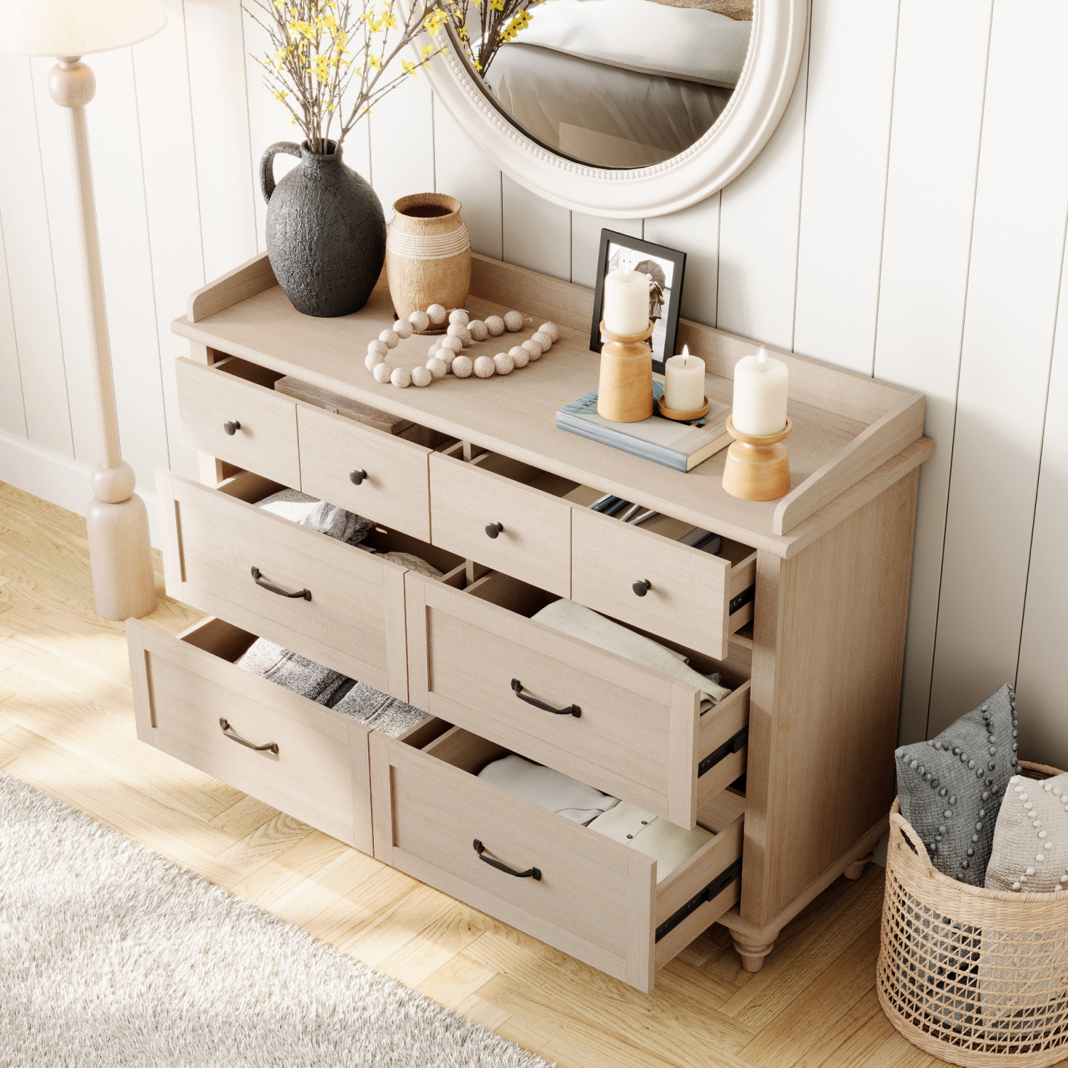 WAMPAT Beige Baby Dresser with 6 Drawers for Kids Room, Kids Dresser Wooden Double Dresser for Bedroom, Chest of Drawers Storage Dresser Organizer