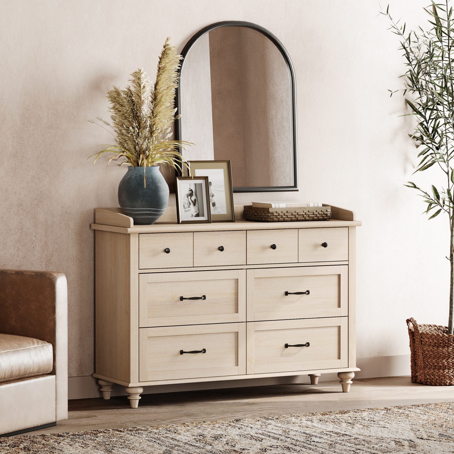 WAMPAT Beige Baby Dresser with 6 Drawers for Kids Room, Kids Dresser Wooden Double Dresser for Bedroom, Chest of Drawers Storage Dresser Organizer