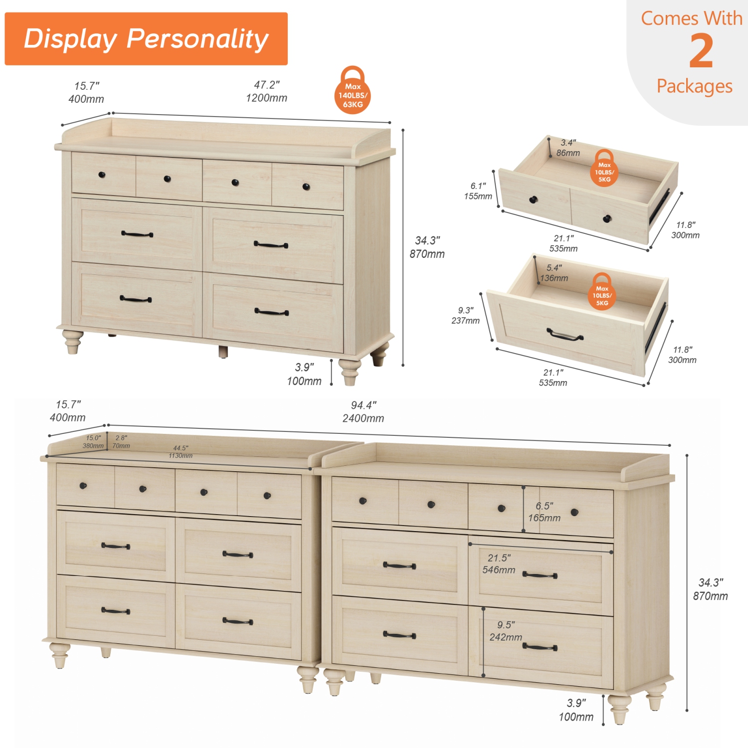 WAMPAT Set of 2 Kids Dresser with 12 Drawers, 2-in-1 Baby Dresser for Bedroom & Kids Room, Rustic Chests & Dressers Wooden Closet Organizer for