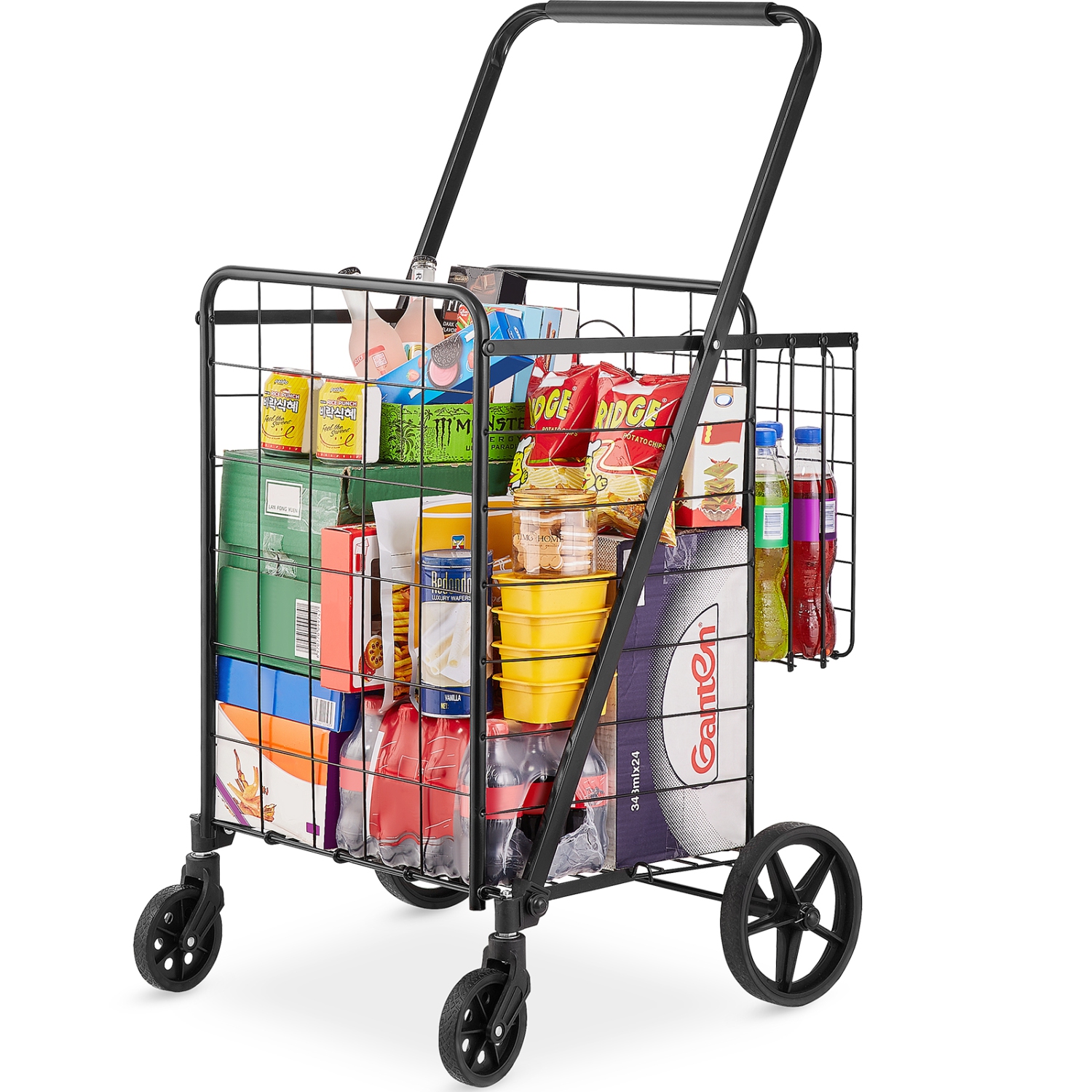 VEVOR 110 LBS Large Capacity Folding Shopping Cart, Jumbo Grocery Cart with Double Baskets, 360° Swivel Wheels, Heavy Duty Utility Cart, Utility Cart