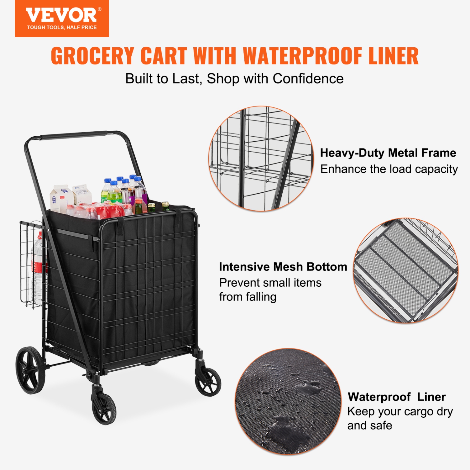VEVOR 210LBS Large Capacity J Folding Shopping Cart with Removable Waterproof Liner,umbo Grocery Cart with Dual Basket, 360° Swivel Wheels, Dense