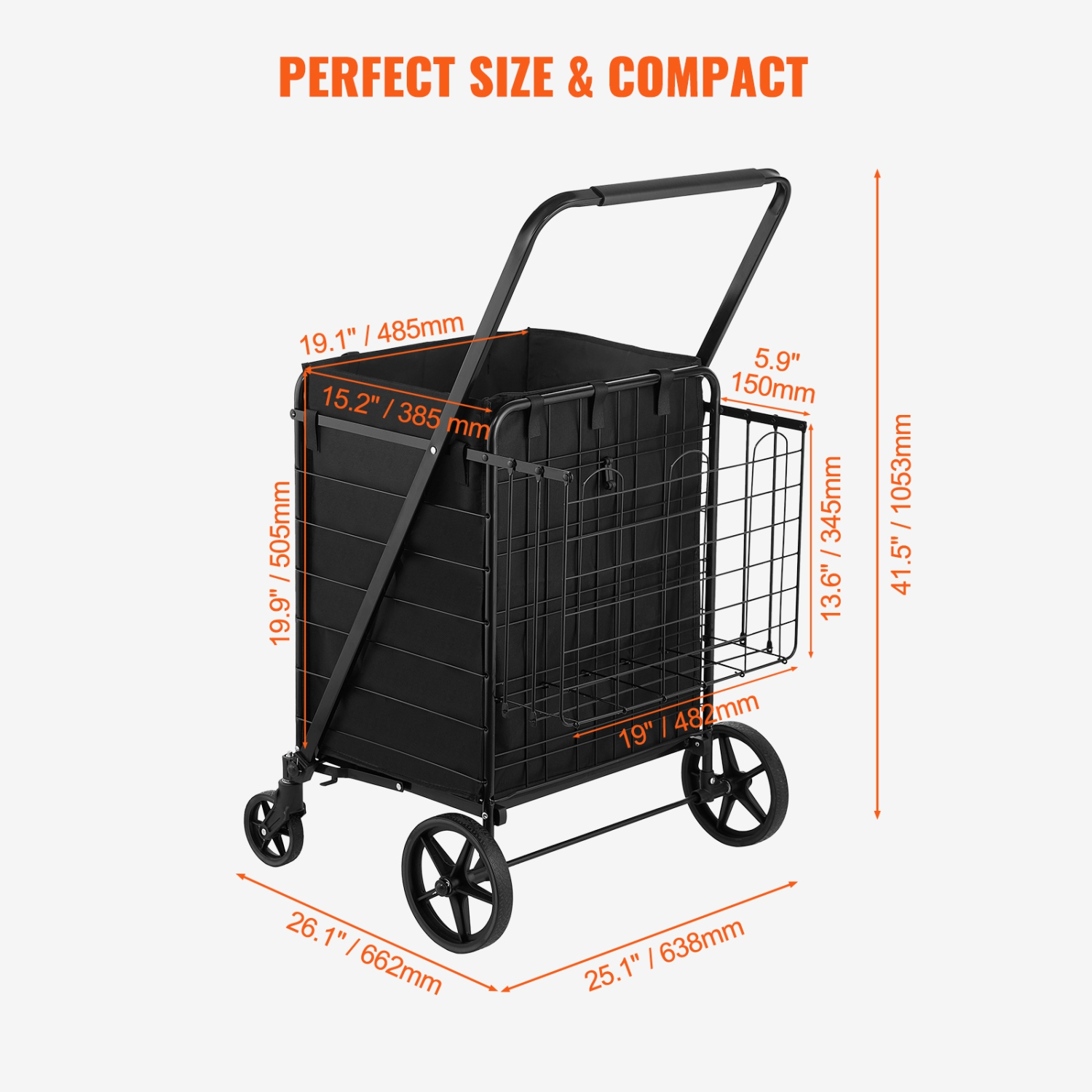 VEVOR 210LBS Large Capacity J Folding Shopping Cart with Removable Waterproof Liner,umbo Grocery Cart with Dual Basket, 360° Swivel Wheels, Dense
