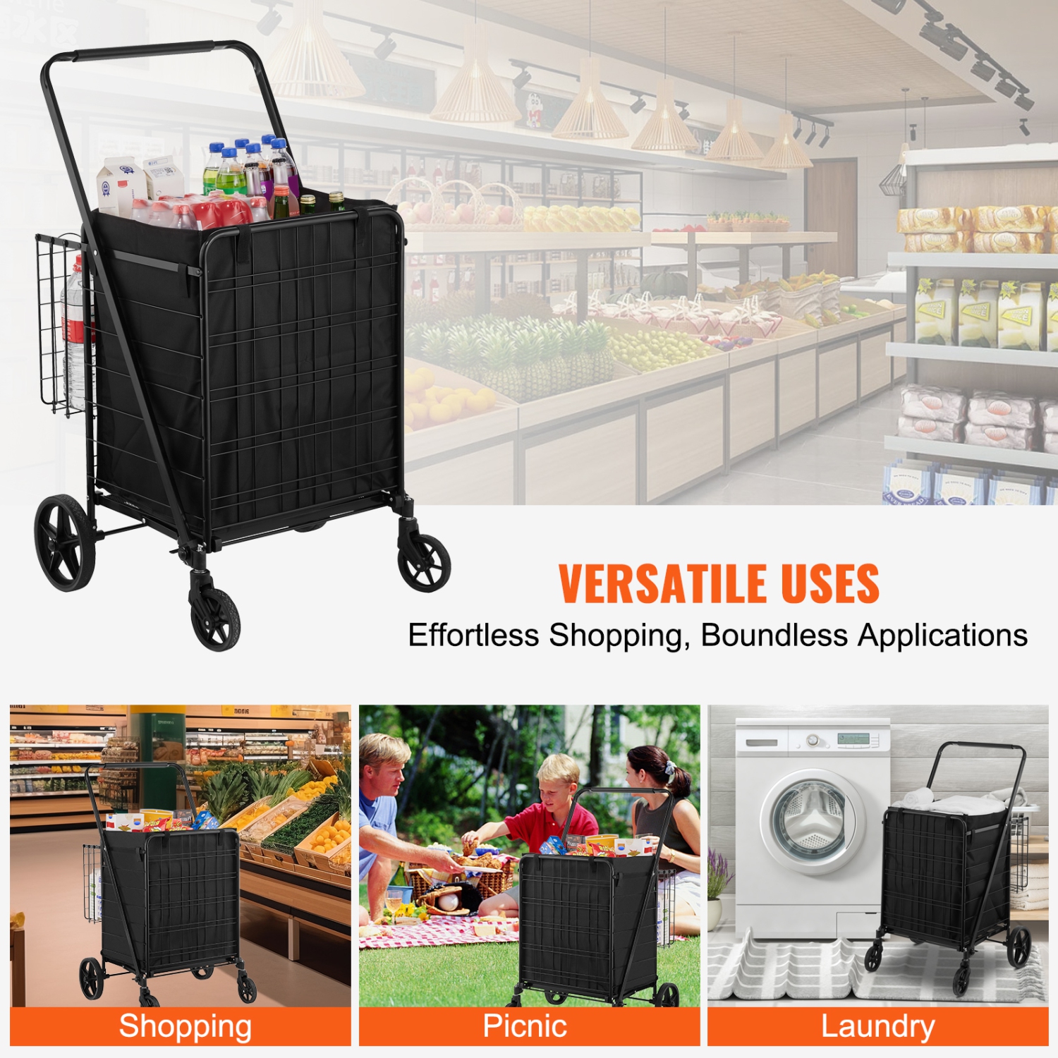 VEVOR 210LBS Large Capacity J Folding Shopping Cart with Removable Waterproof Liner,umbo Grocery Cart with Dual Basket, 360° Swivel Wheels, Dense