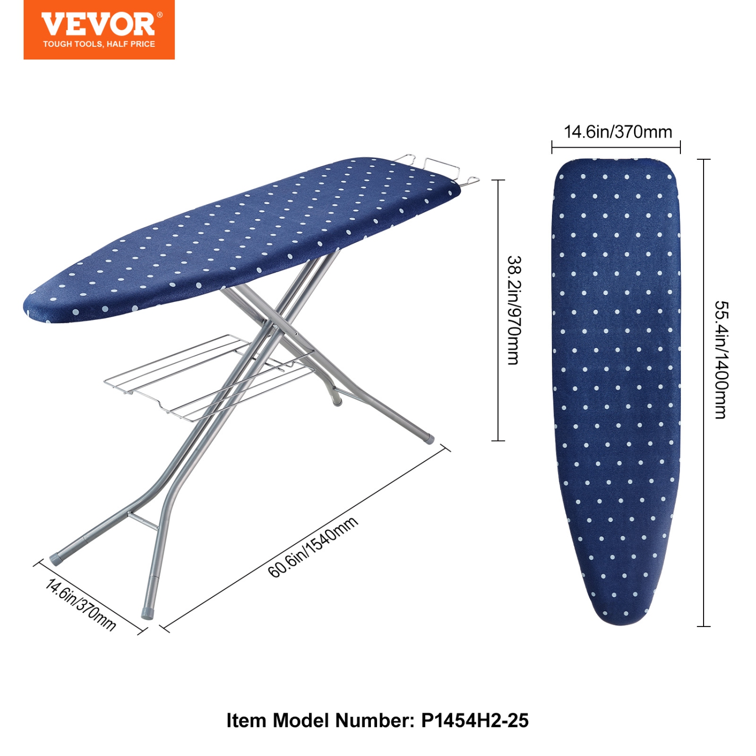 VEVOR 4 Thickened Ironing Board with Bottom Storage Tray, Layers Iron Board with Heat Resistant Cover and 100% Cotton Cover, 10 Adjustable Heights