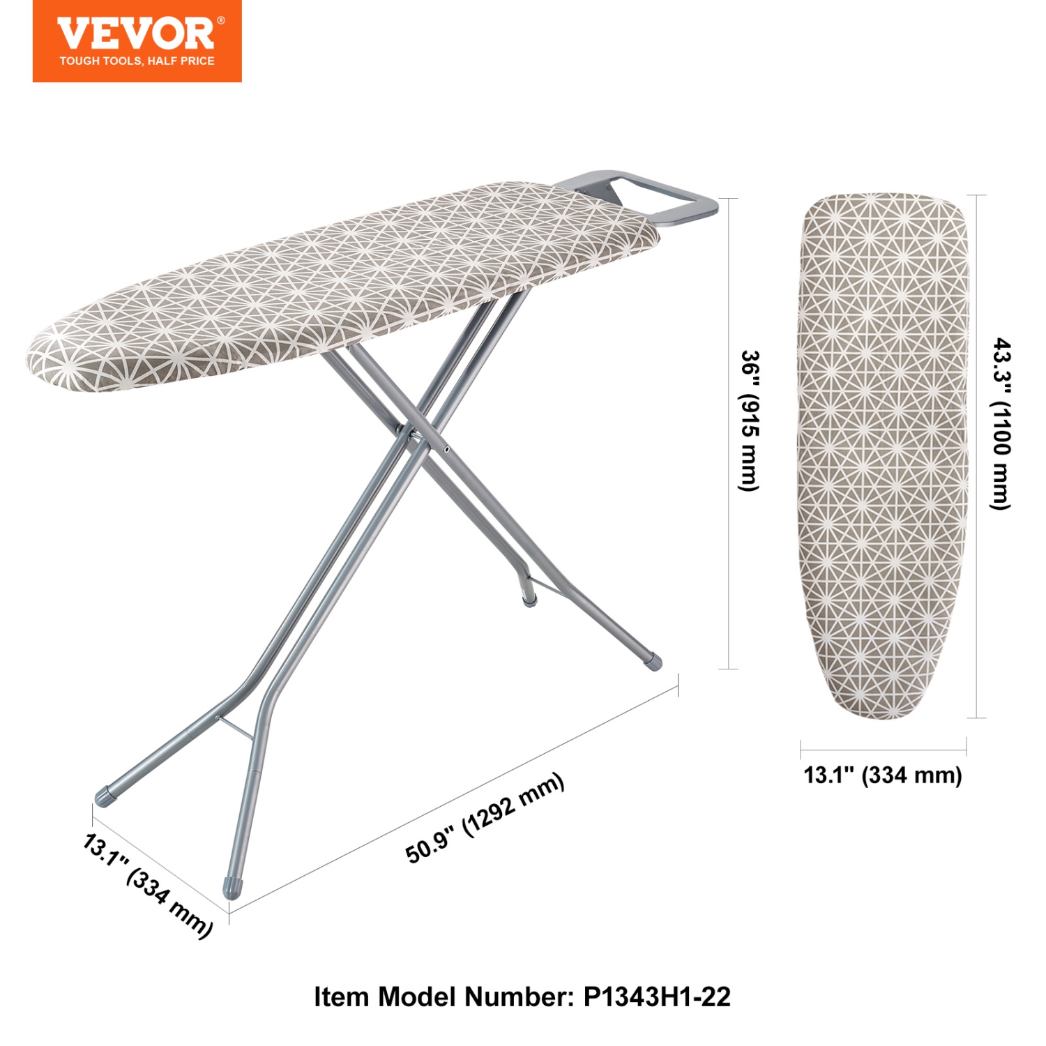 VEVOR 51 x 13 Ironing Board with Large Ironing Surface, Thickened 4 Layers Iron Board with Heat Resistant Cover and 100% Cotton Cover, 7 Adjustable