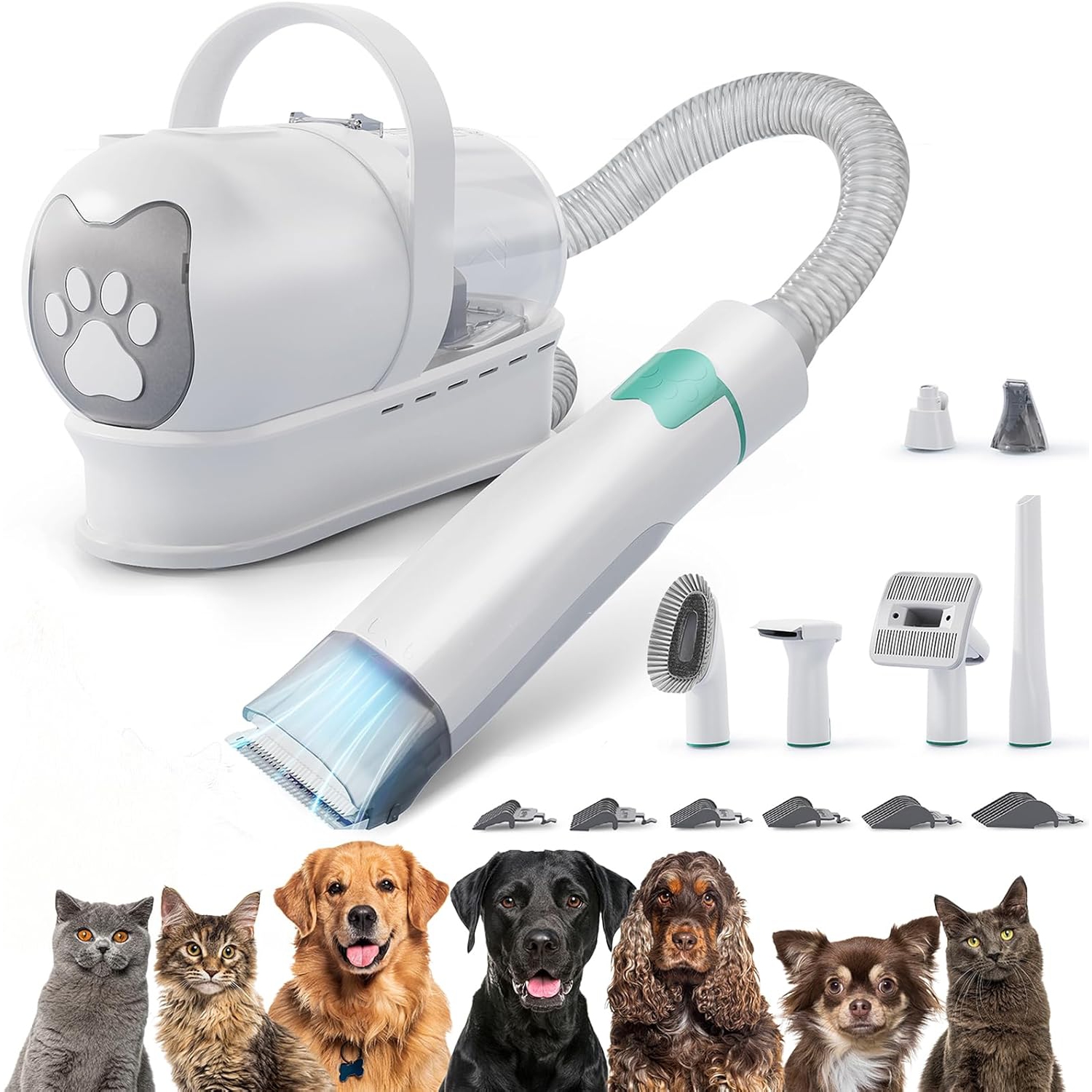 Pet Grooming Vacuum Kit for Dogs Cats, 7 in 1 Grooming Tools with Professional Clippers for All Furry Pets
