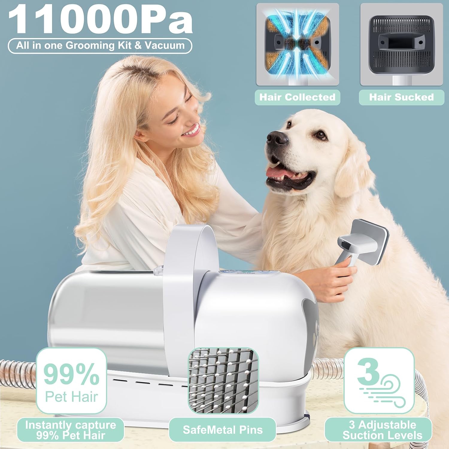 Pet Grooming Vacuum Kit for Dogs Cats, 7 in 1 Grooming Tools with Professional Clippers for All Furry Pets