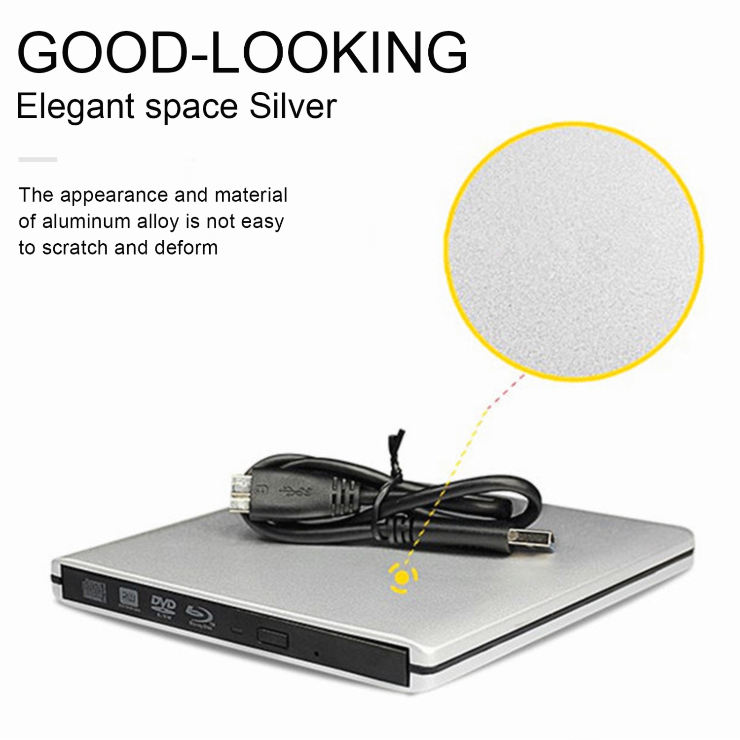 Graveur externe externe ultra-mince USB 3,0 DVD BD Genuine Burner argenté