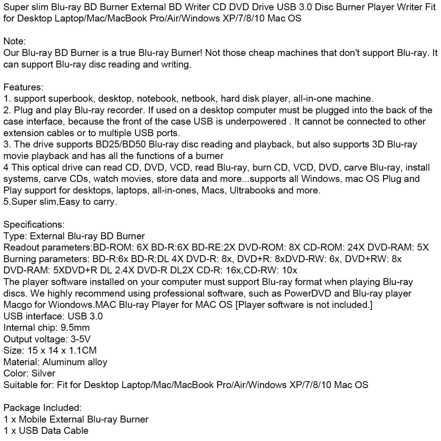 Graveur externe externe ultra-mince USB 3,0 DVD BD Genuine Burner argenté
