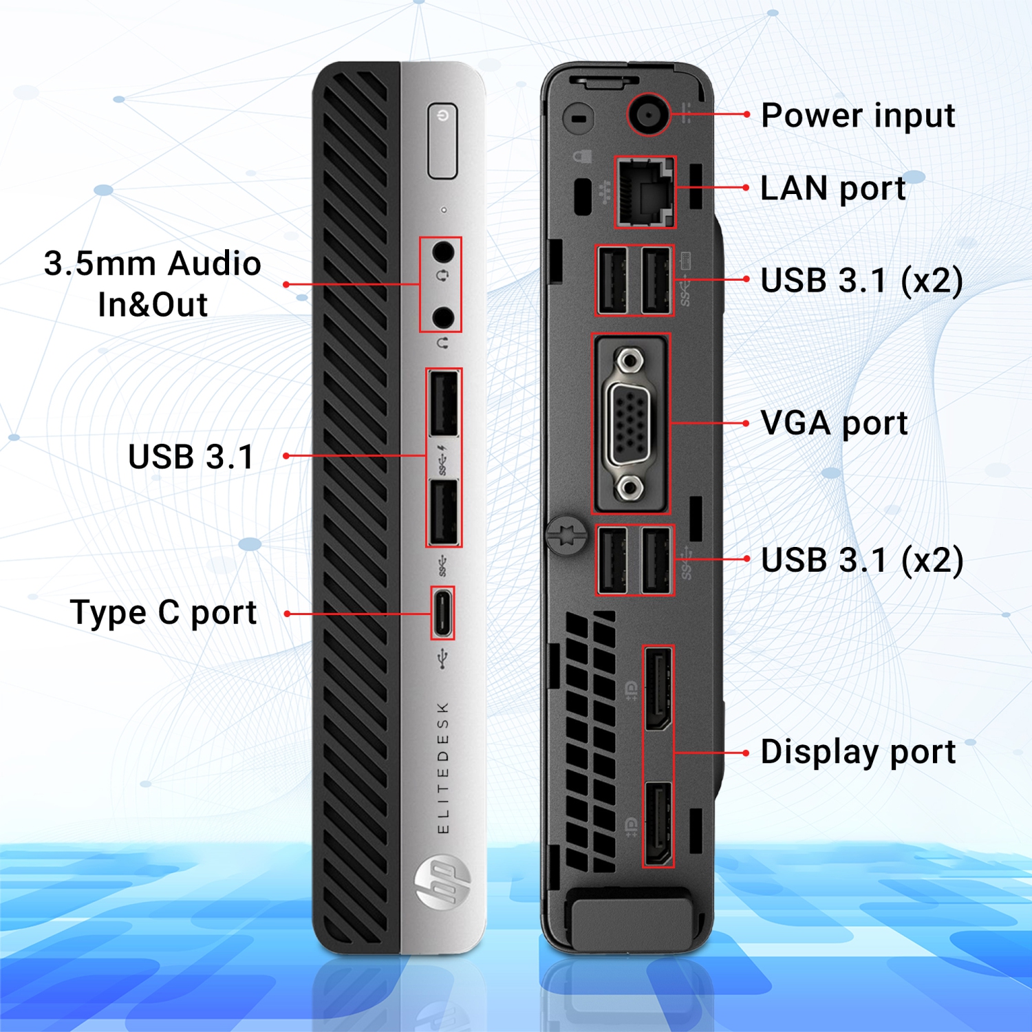 Remis à neuf - HP EliteDesk 800 G3 Mini | i5-7500T, mémoire vive 32&nbsp;Go, SSD 1&nbsp;To, Wi-Fi, Windows 11 Pro | Souris sans fil pour clavier