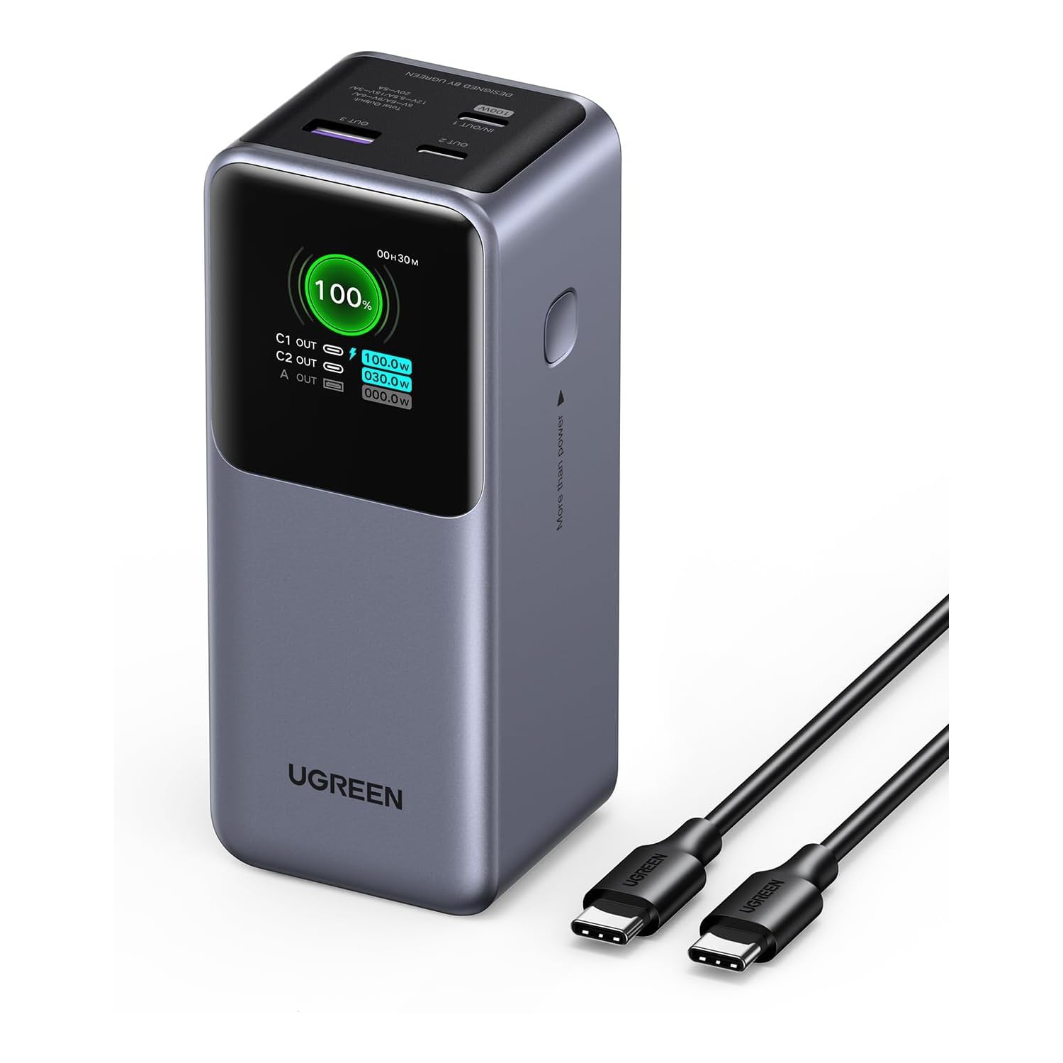 Batterie externe UGREEN 20000mAh 130W avec 3 ports de charge rapide et écran TFT intelligent, compatible avec iPhone 16 Series, Galaxy S25 Ultra, MacBook, ordinateurs portables Dell, AirPods, et plus
