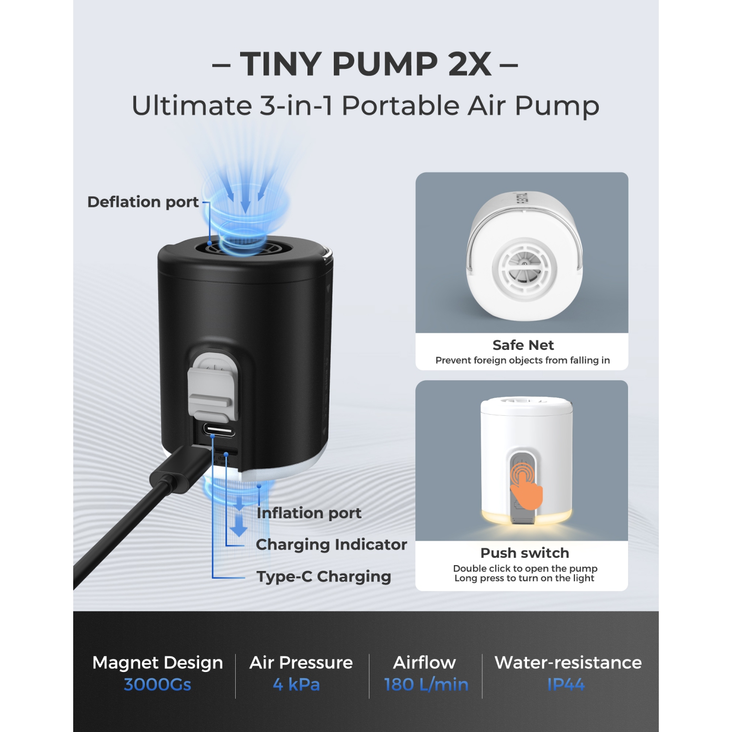 Pompe d'extérieur 3-en-1 Ultimate 2X de Tiny Pump avec lampe de camping
