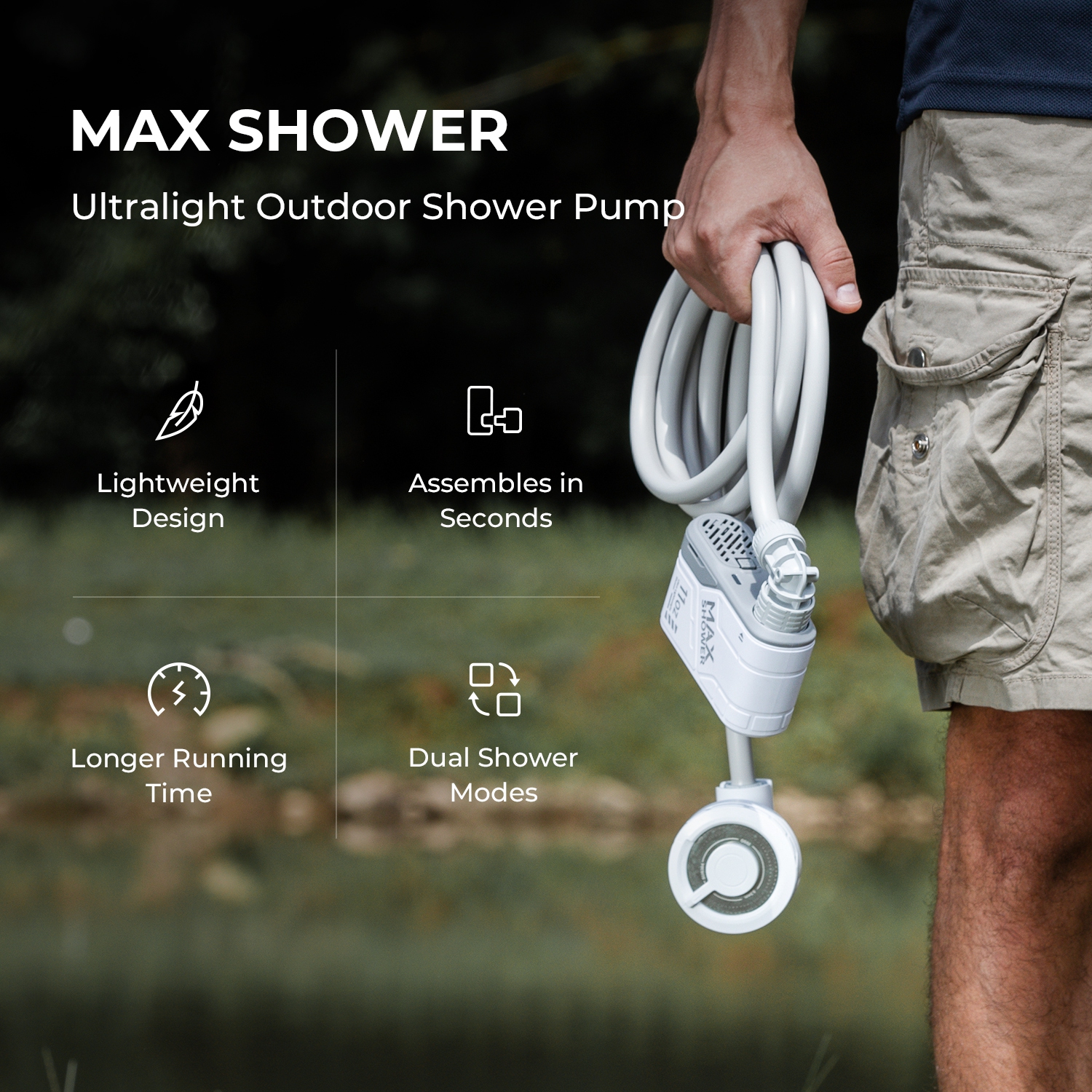 MAX Shower - Portable Shower for Camping, Rechargeable Outdoor Camping Shower, Portable Shower Pump for Hiking, Car wash, Pet Cleaning, Beach Vaca
