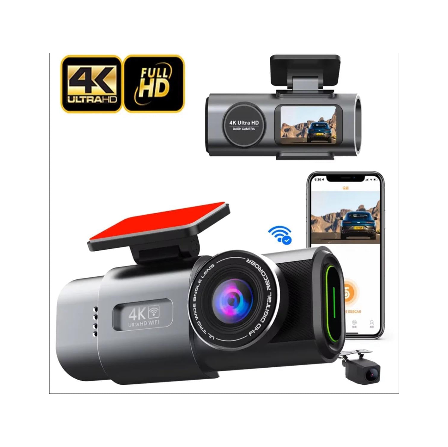 Deux caméras de tableau de bord 4K Wi-Fi, mini caméra avant et arrière pour l'auto avec vision nocturne, grand-angle, WDR, enregistrement en boucle,