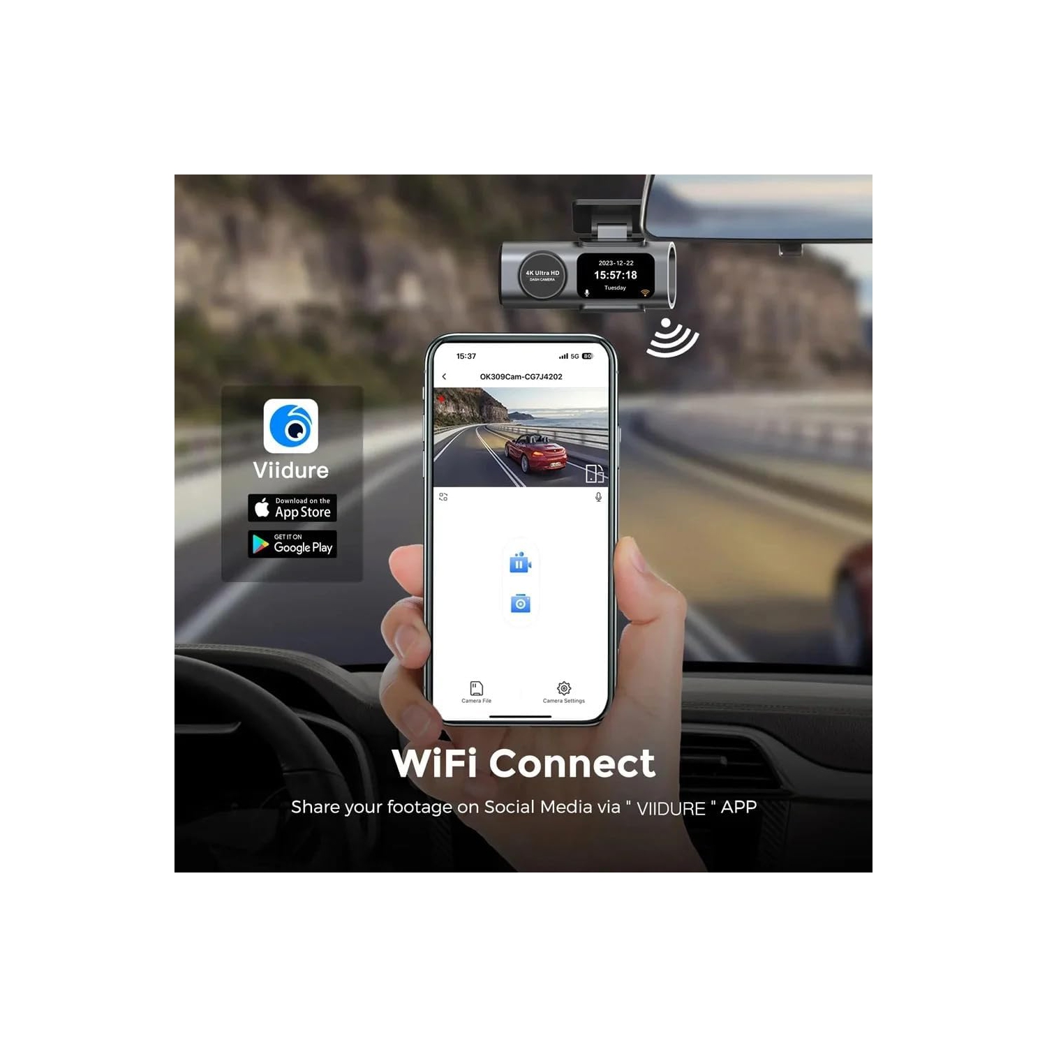 Deux caméras de tableau de bord 4K Wi-Fi, mini caméra avant et arrière pour l'auto avec vision nocturne, grand-angle, WDR, enregistrement en boucle,