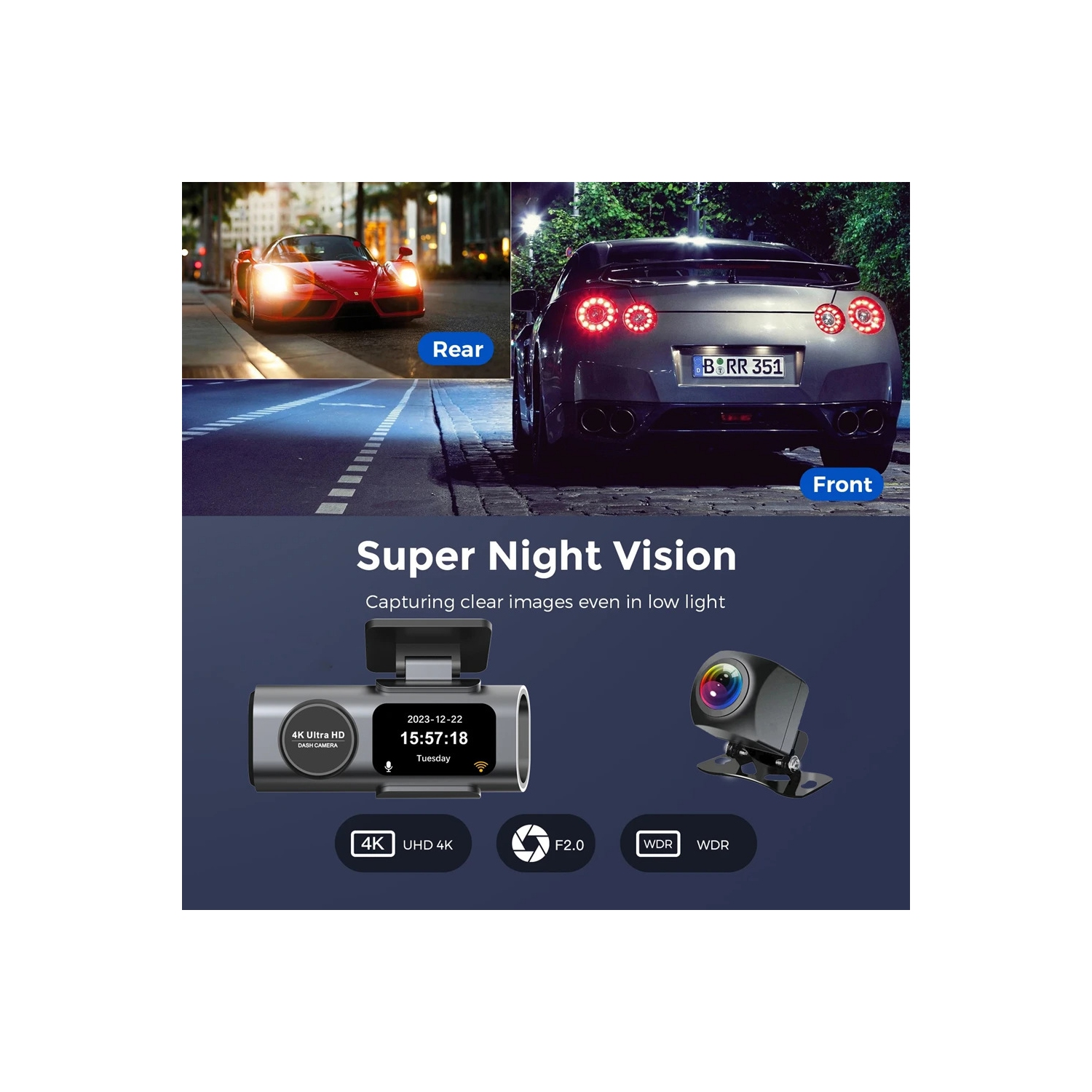 Deux caméras de tableau de bord 4K Wi-Fi, mini caméra avant et arrière pour l'auto avec vision nocturne, grand-angle, WDR, enregistrement en boucle,