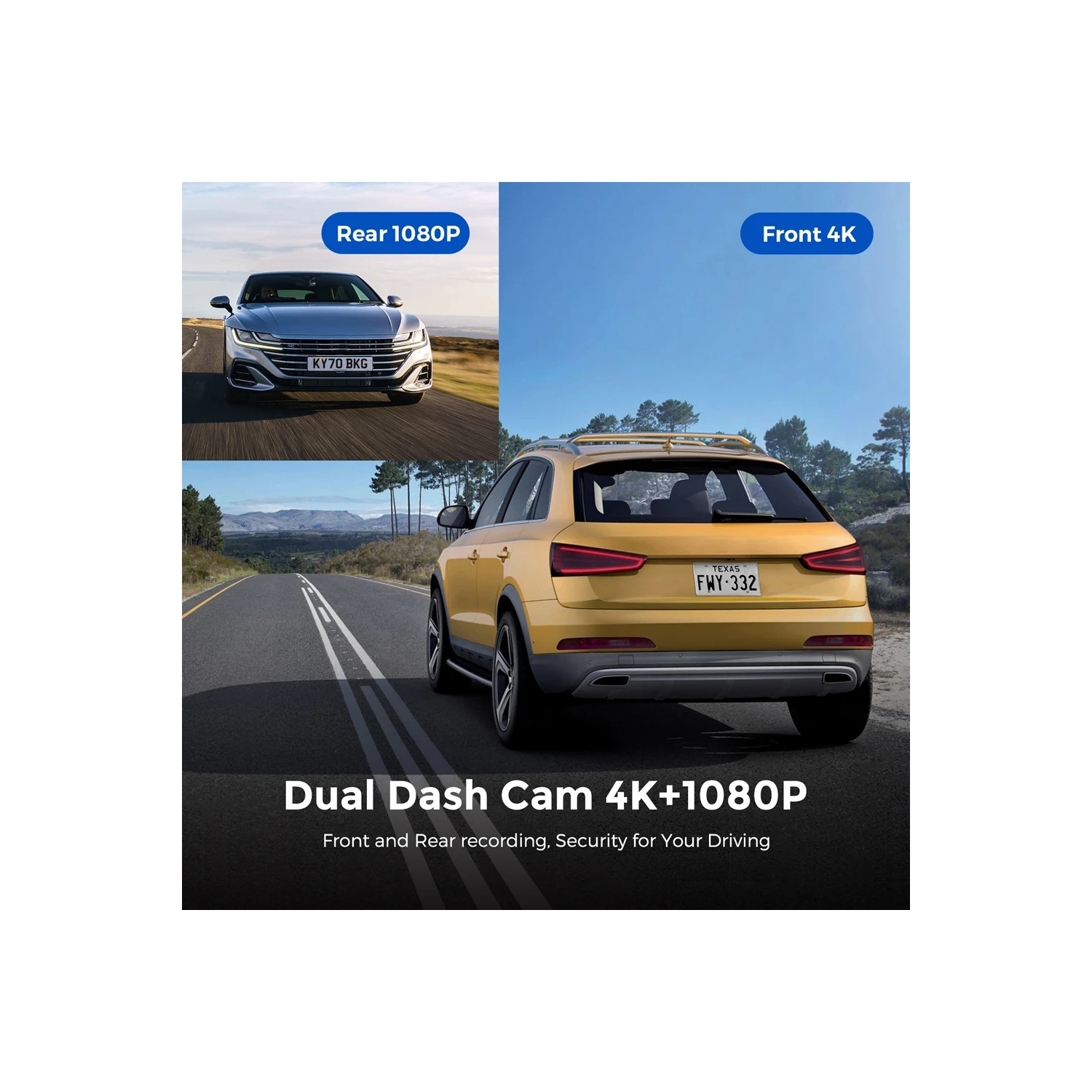 Deux caméras de tableau de bord 4K Wi-Fi, mini caméra avant et arrière pour l'auto avec vision nocturne, grand-angle, WDR, enregistrement en boucle,