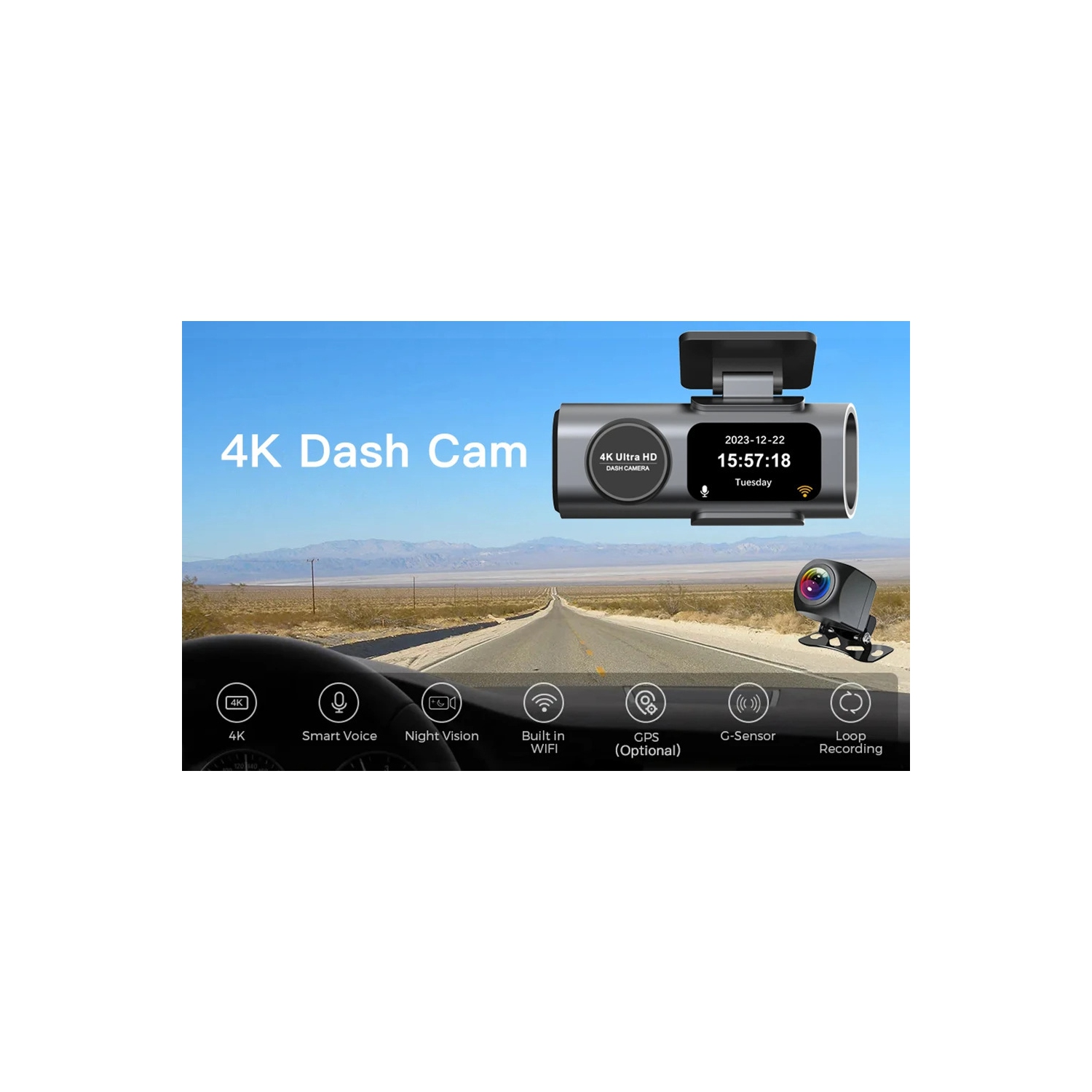 Deux caméras de tableau de bord 4K Wi-Fi, mini caméra avant et arrière pour l'auto avec vision nocturne, grand-angle, WDR, enregistrement en boucle,
