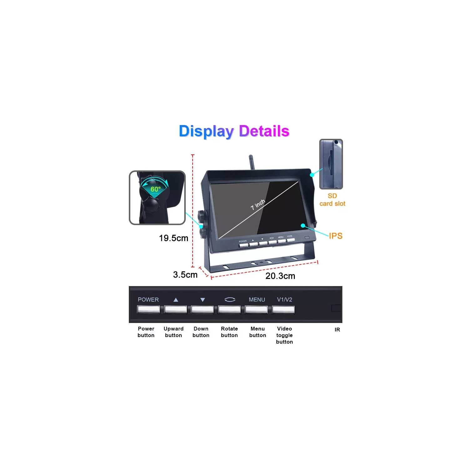 12V-24V 7" Wireless Rear View Camera System Monitor Dual AV Input RV Truck Bus