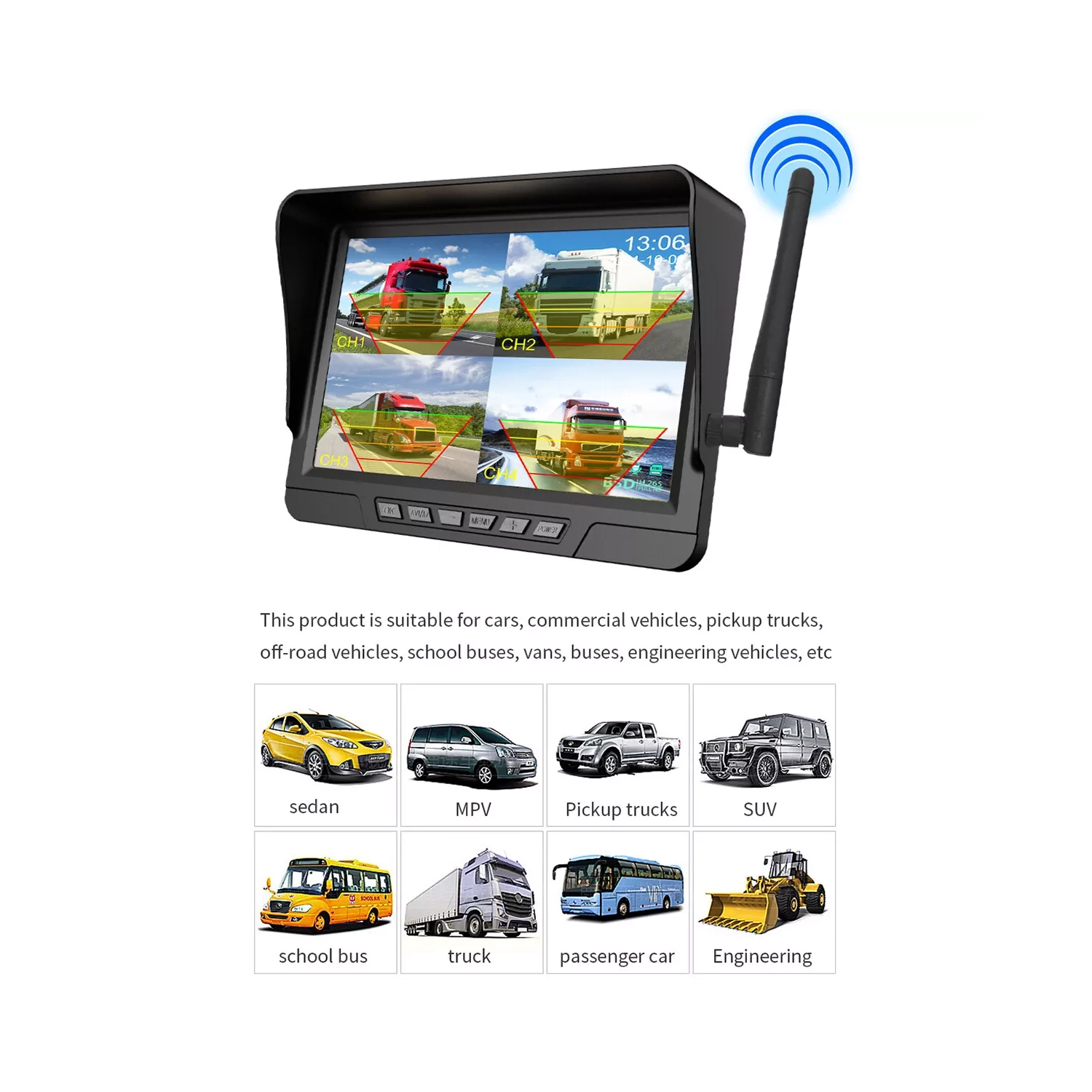 Système de caméra de recul sans fil Surveillance de 7&nbsp;po Vision nocturne pour camion de VR